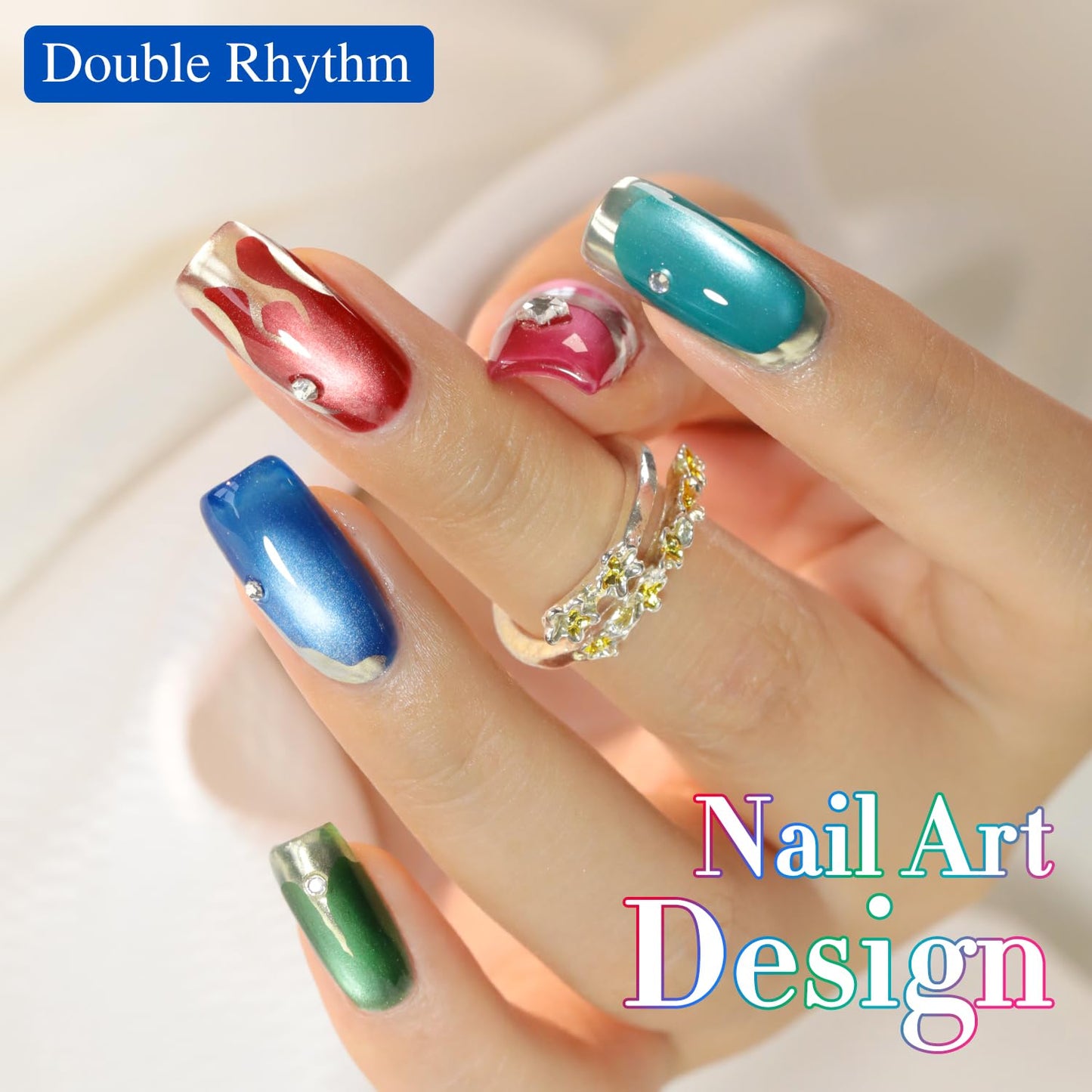 Double Rhythm Cat Eye Gel Polish Set 6 Colors Shimmer Glitter with Magnet Holographic Reflective Magnetic UV Gel Polish Art Kit (Black Burgundy Green Navy 6-Kit 41)