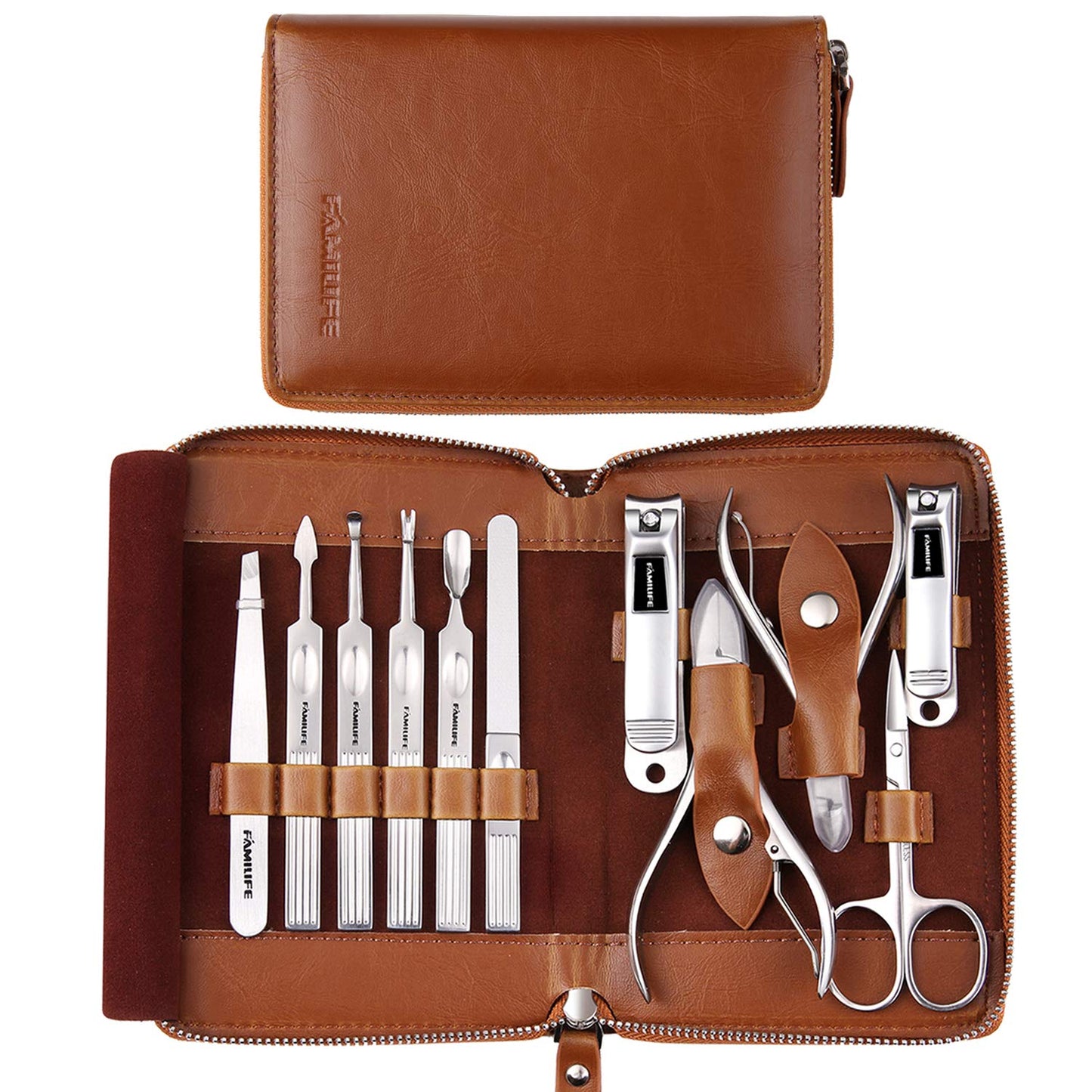 FAMILIFE F03 Manicure Set, Pedicure Kit Nail Clipper Set 13pcs Professional Men Grooming Kit and 11 in 1 Stainless Steel Pedicure Tools Kit Grooming Kit with Portable Brown Leather Travel Case