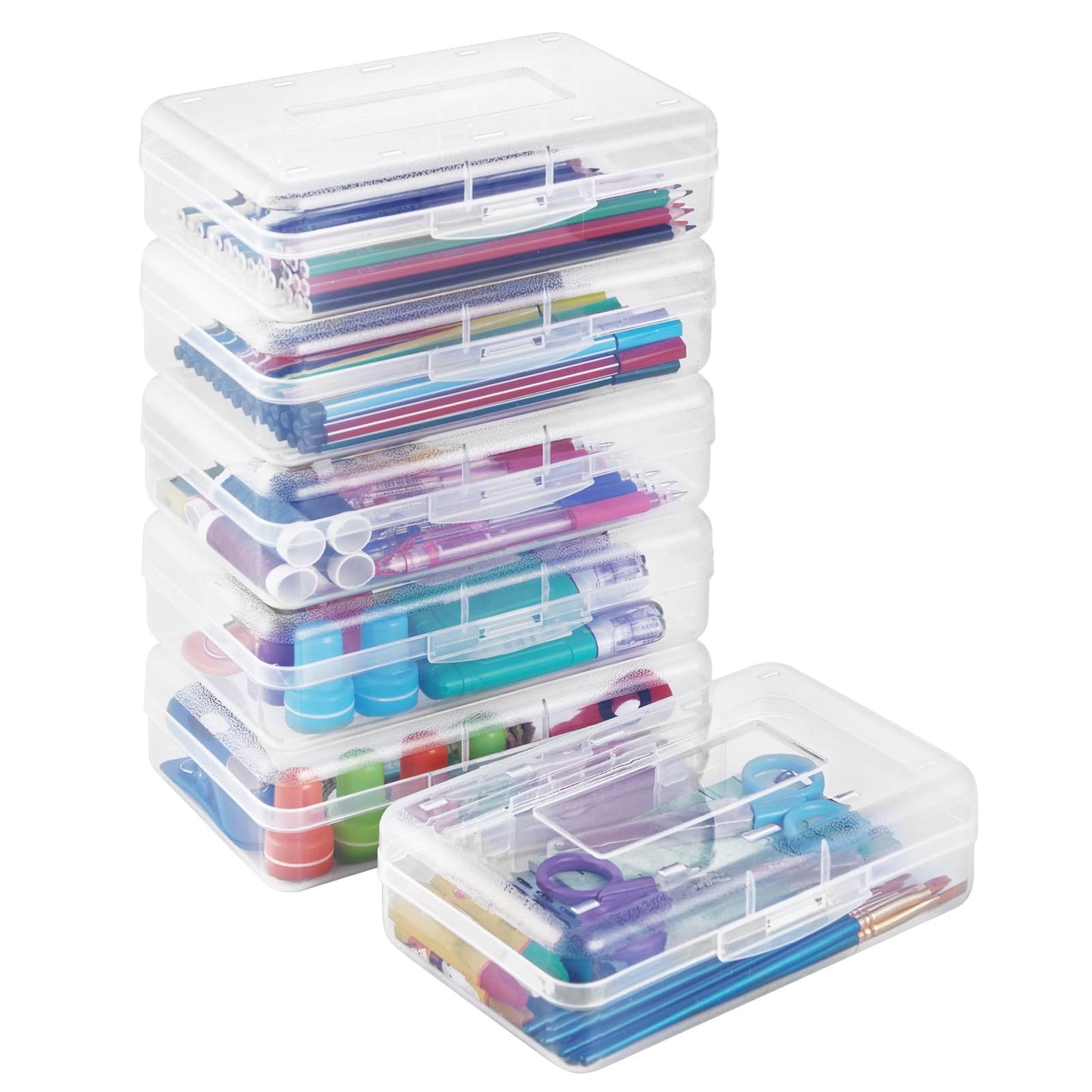 Sooez Plastic Pencil Case Box 6 Pack, Large Crayon Maker Pen Organizer, Plastic Containers with Snap Lids, Stackable Craft Storage Boxes Bulk, School Supplies Art Box for Bead, Clear
