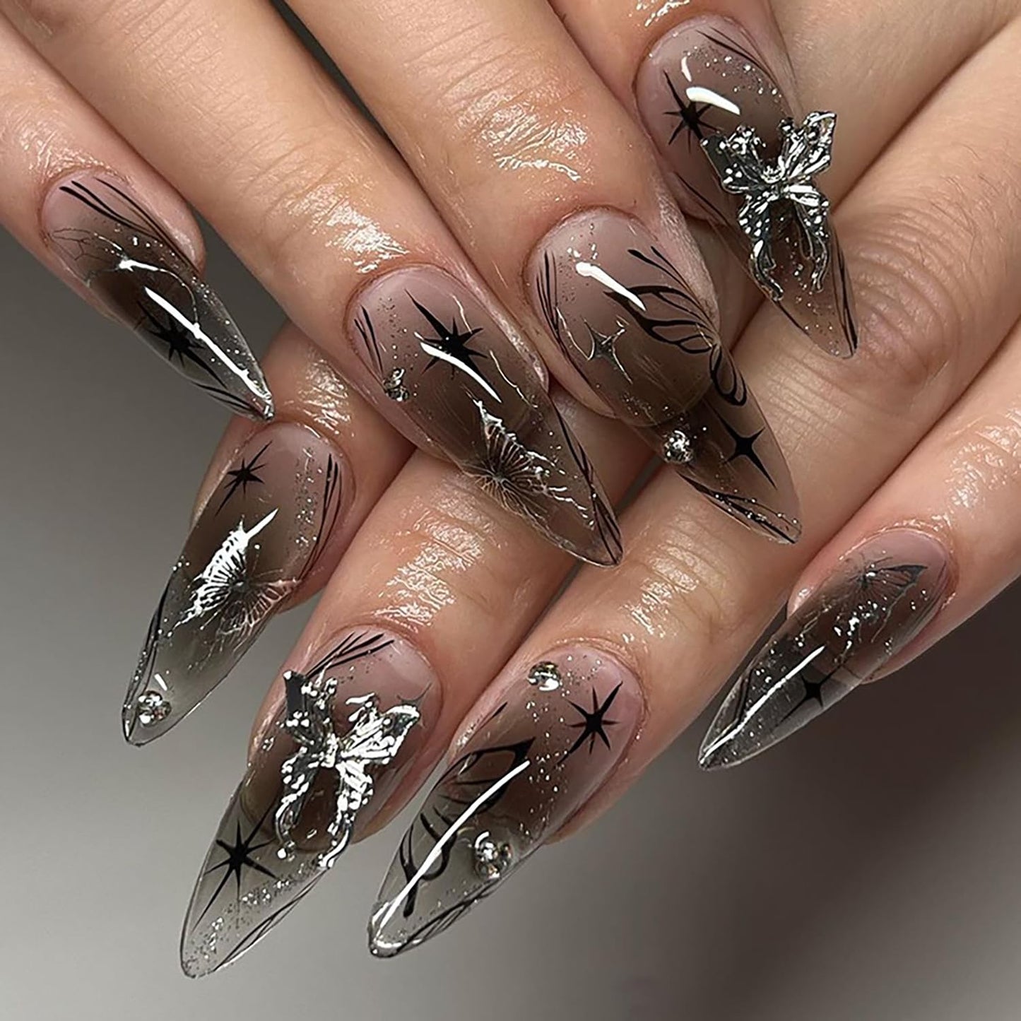 24 Pcs Almond Press on Nails Long Fake Nails with 3D Butterfly Nail Charms Nude Black False Nails with Design Glitter Artificial Nails Glossy Full Cover Glue on Nails Stick on Nails for Women Girls