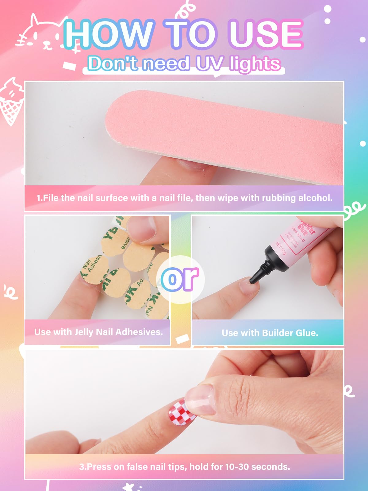 EBANKU 72Pcs Press on Nail Kids, 3 Pack Children Fake Nail Kit Full Cover Short False Fingernails with Nail Glue Nail Tools for Girl Nail Decoration