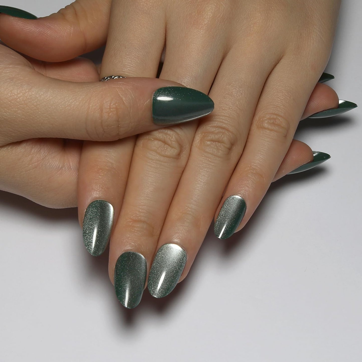 Almond Press On Nails Short, Green Cat Eye Press on Nails with Glue for Women Ashionable Gel False Nails Reusable Acrylic False Nails Women's Glitter Nails Glue On Nails Kit, Avocado Green