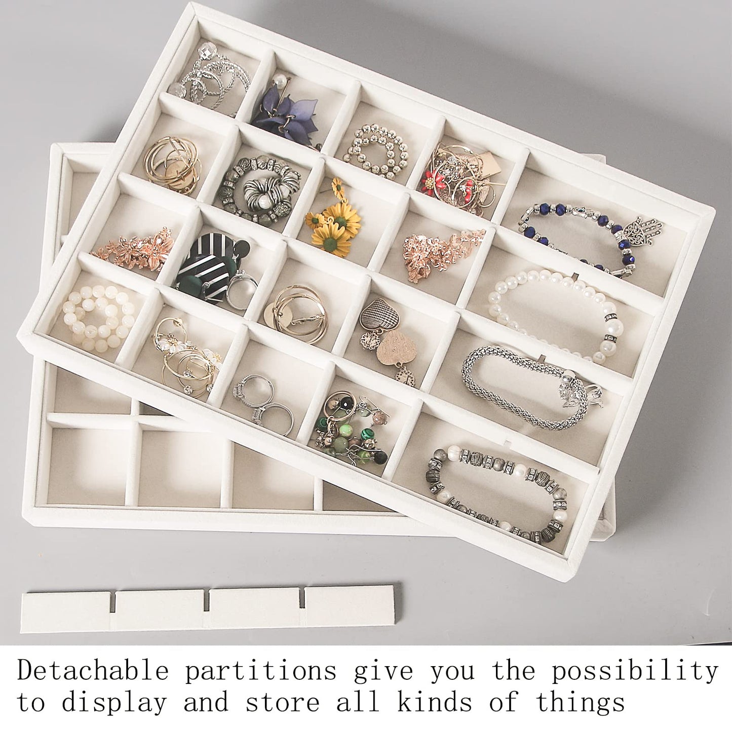 Coward 2PC Stackable 24 Gird Jewelry Organizer Tray Necklace Earring Box Storage Drawer Ring Bracelet Display Holder (beige(24grid+24grid))
