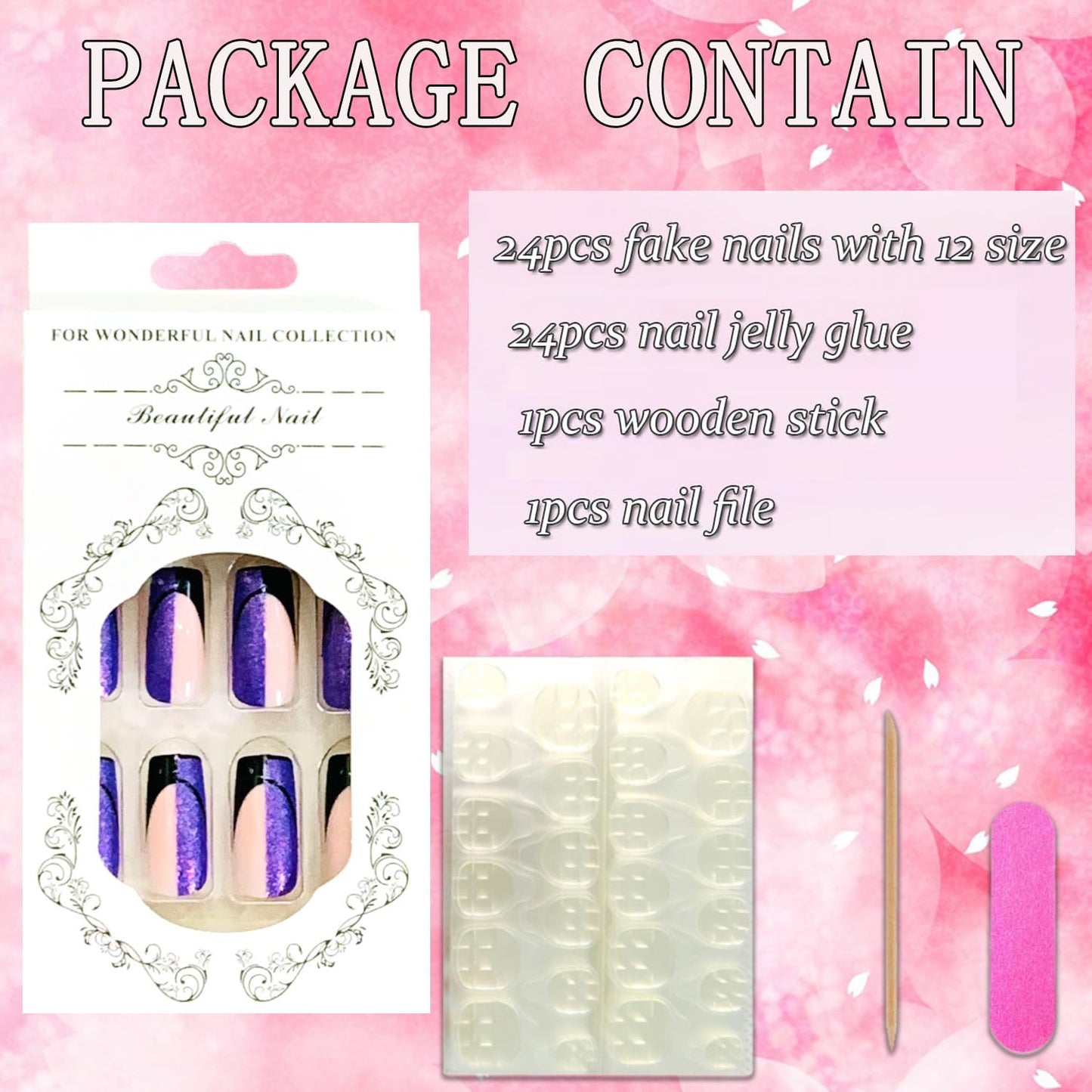 Vezocim Purple Press on Nails Square French Tips 24Pcs Glossy Full Cover Medium Acrylic Square False Nails with Designs Artificial Coffin Reusable Fake Nails Glue ons Fingernails for Women Girls
