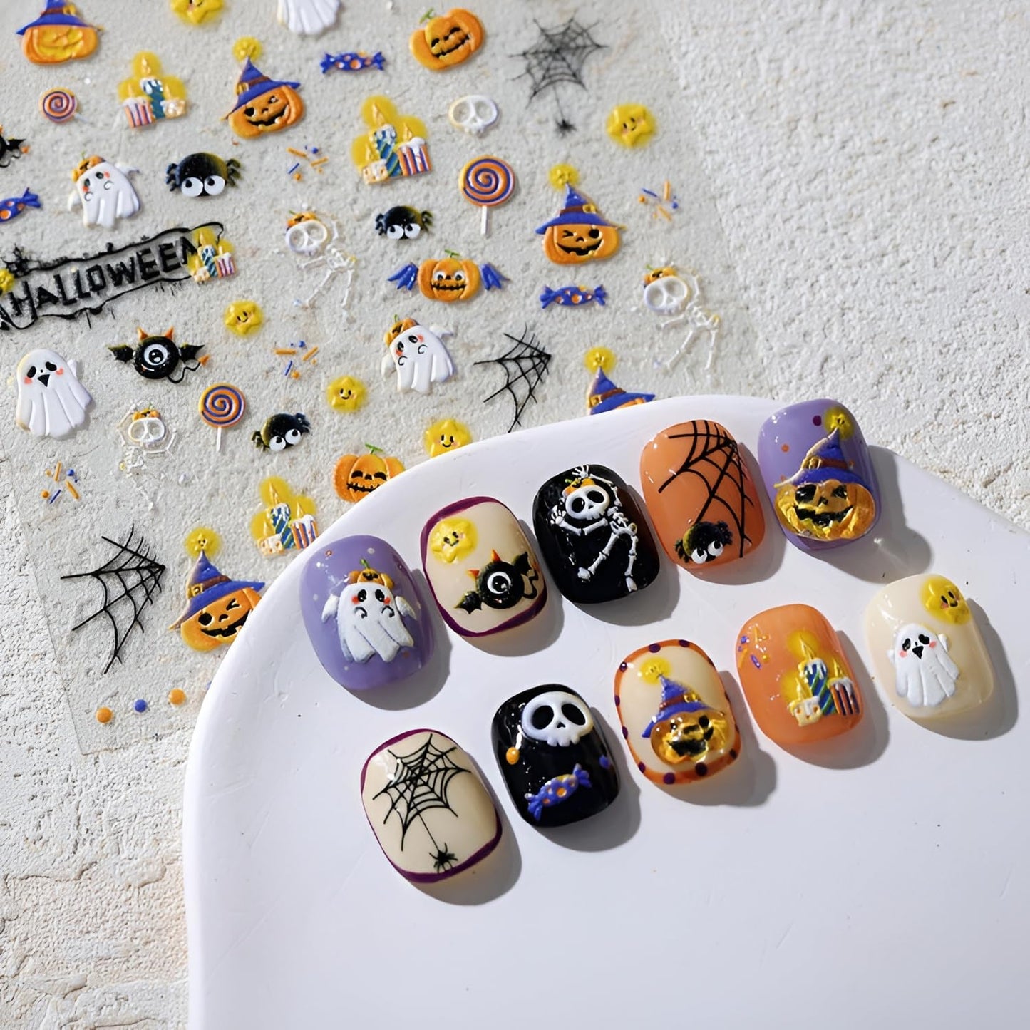 Halloween Nail Stickers for Nail Art Cute Ghost Design 5D Embossed Nail Decals Pumpkin Skull Spider Web Nail Art Stickers Halloween Nail Supplies DIY Manicure for Women Girls