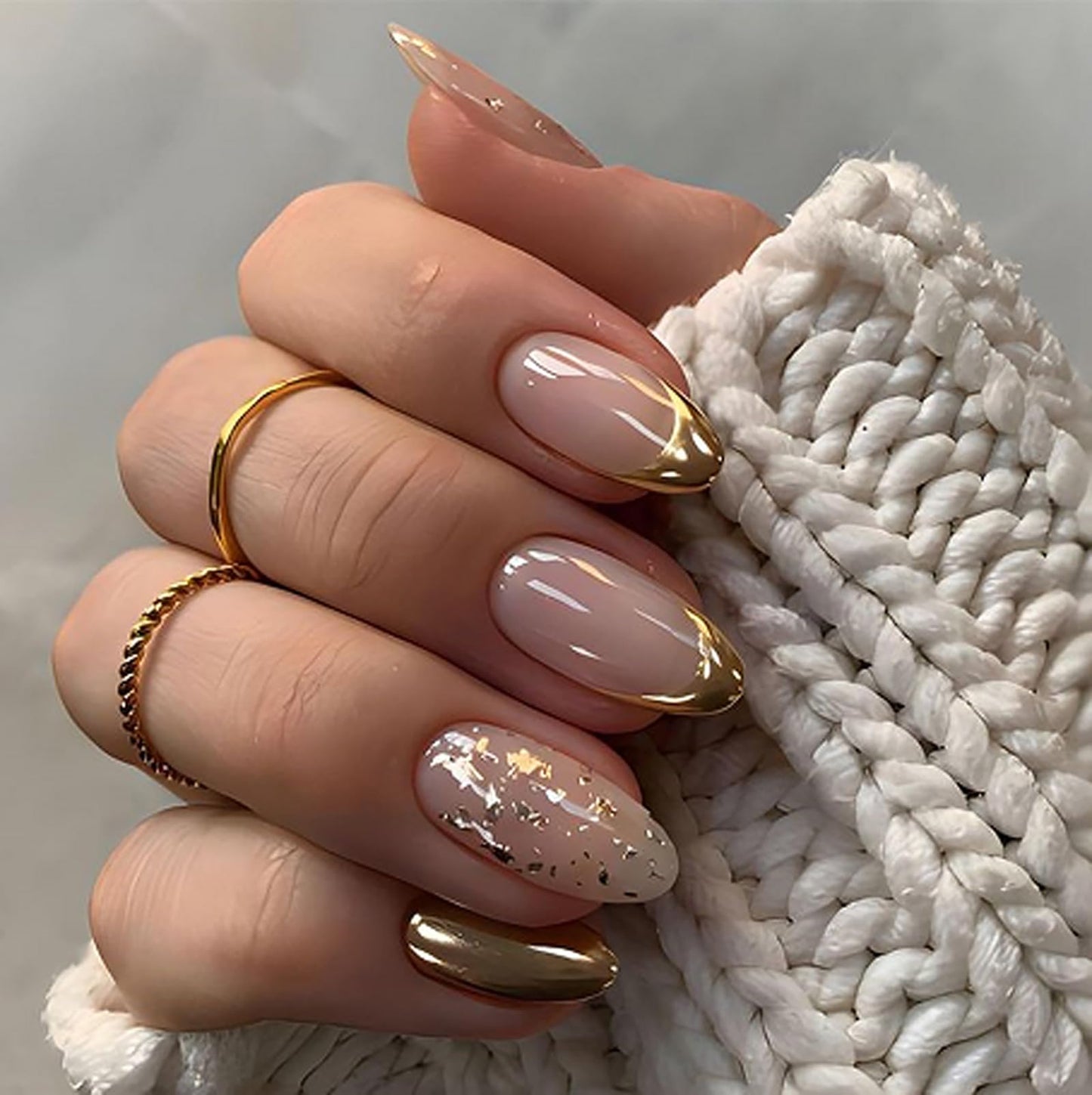 Short Almond Press on Nails with Designs French Tip Gold Nude Pink Fake Nails Press ons Acrylic Nails False Full Cover Artificial Stick on Nails for Women Girls 24 Pcs