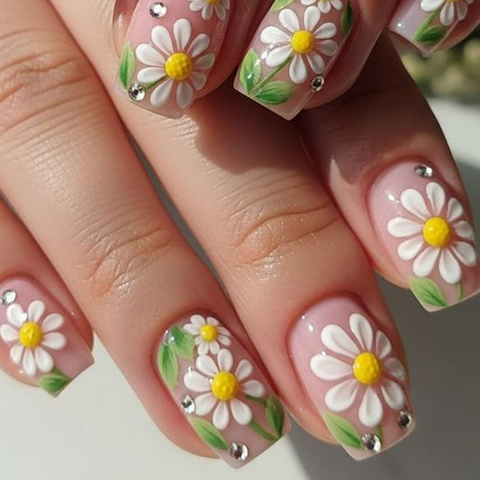 Medium Press on Nails Square Fake Nails Floral Acrylic Nail Press Ons Seeneey Cute Stick on Nail for Women 24pcs