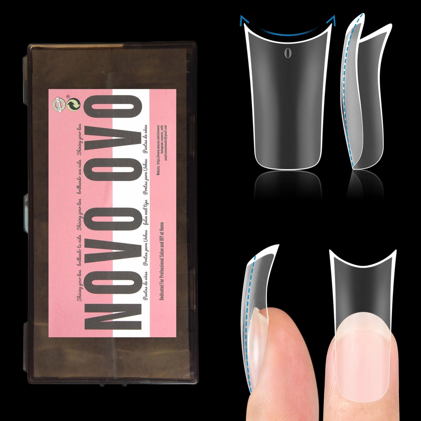 NOVO OVO Halloween Extra Thick Duck Feet Nail Tips Full Cover with Moon Curve for Press on Acrylic, Medim Long Clear Pre-Etched Matte Flare Wide French Soft Gel False Nail Extension x 15 Sizes 240 pcs