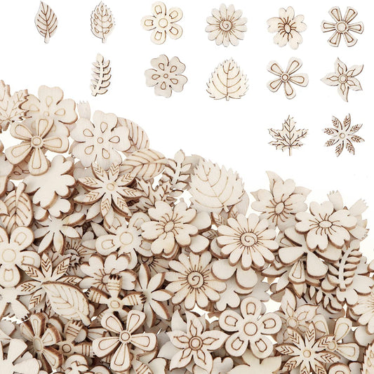 300 Pcs Wooden Embellishments Mixed Flower Leaf Pattern Wooden Scrapbooking DIY Handmade Crafts Children DIY Graffiti Home Decor