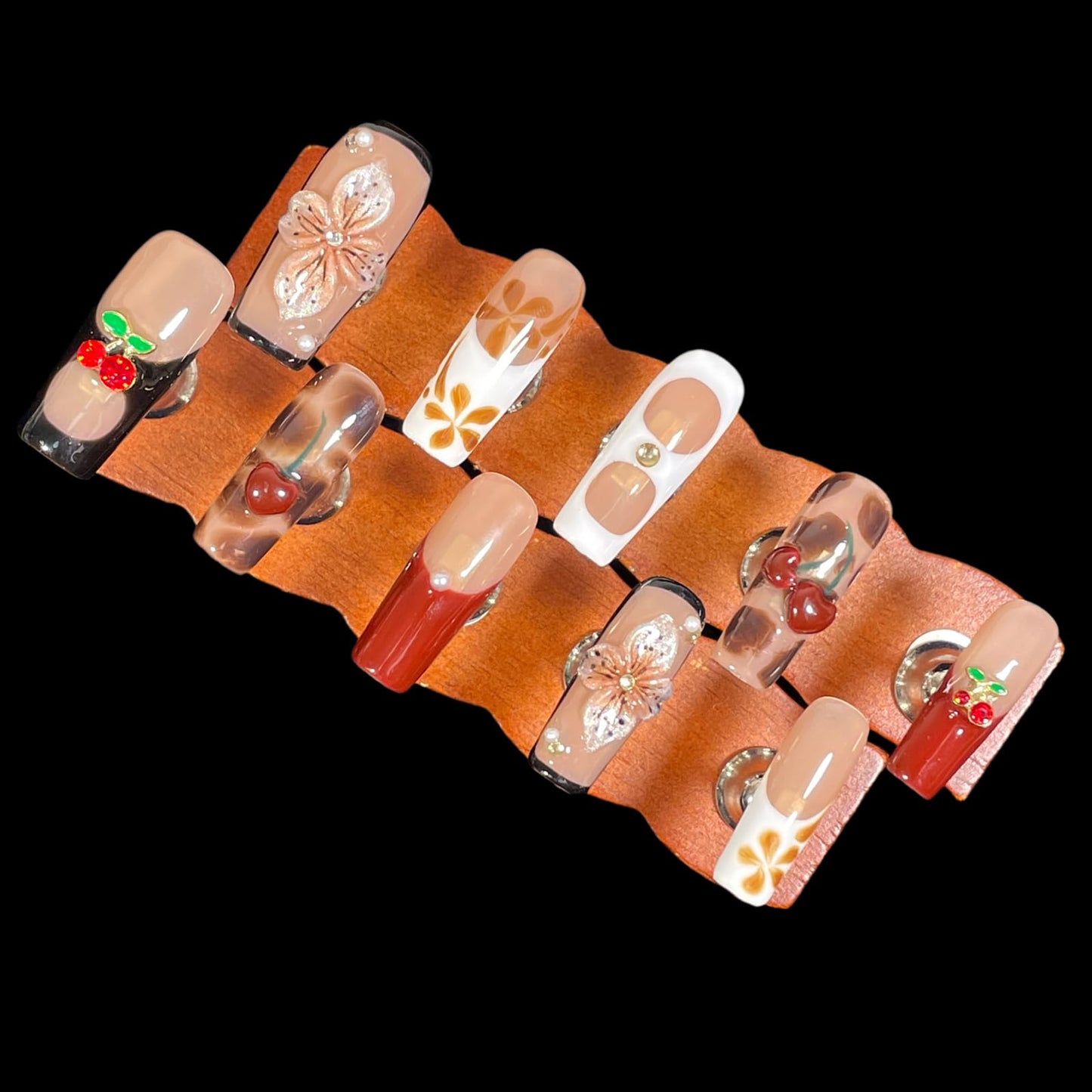 Handmade Press On Nails Square 3D Floral Cherry Blossom Leopard French Fake Nails wtih Design, Reusable Acrylic False Nails Gift Set (Cherry, S)