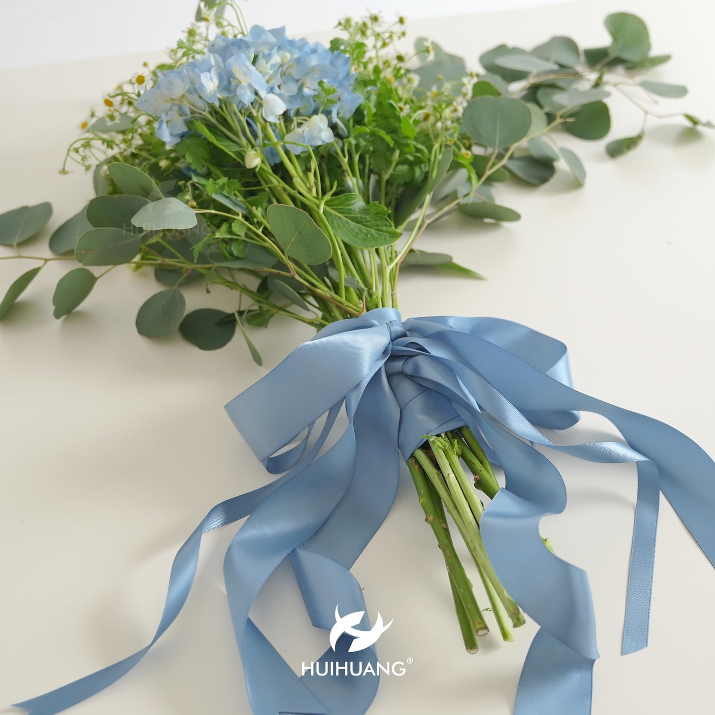HUIHUANG Dusty Blue Satin Ribbon 1/2 inch X 50 Yards Continuous, Blue Double-Faced Satin Ribbon for Gift Wrapping, Bows, DIY Crafts, Flower Bouquet, Bridal Wedding Decor, Flower Crowns Decor