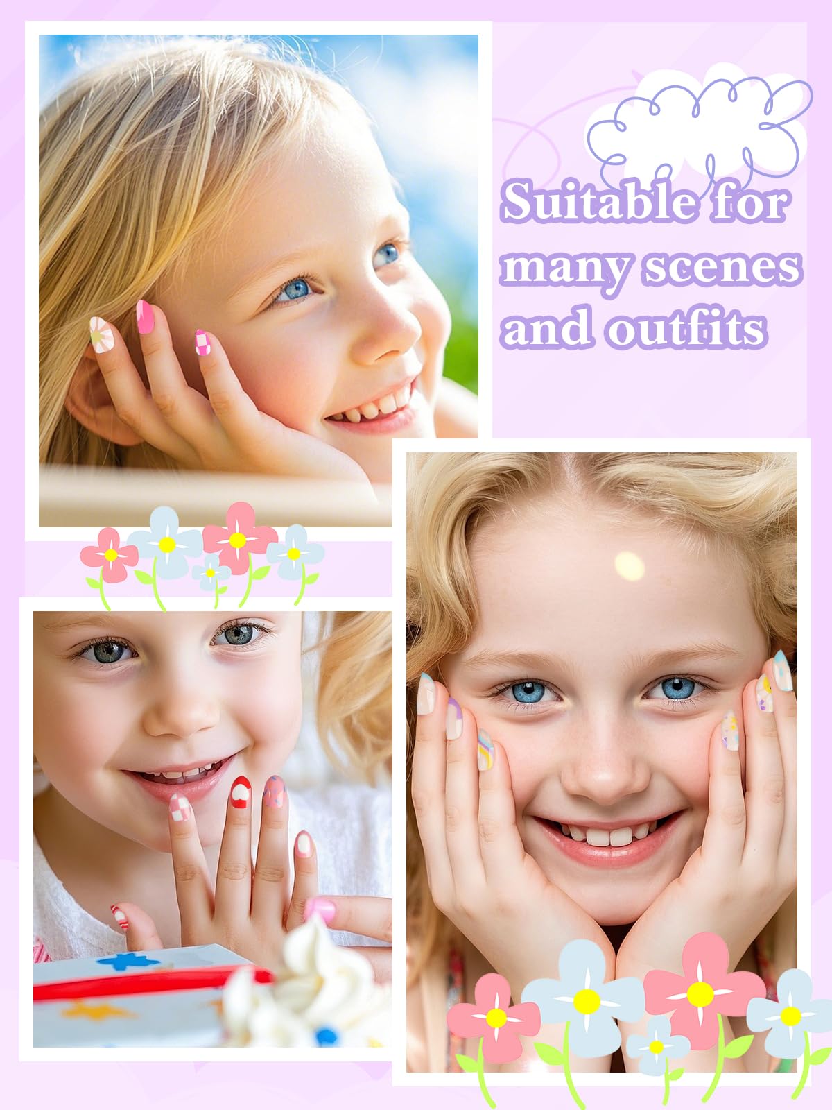 EBANKU 78Pcs Press on Nails kids, 3 Pack Children Acrylic Fake Nails Cute Full Cover Flower Short Stick On False Nail Kits Set for Little Girls with Nail Glue