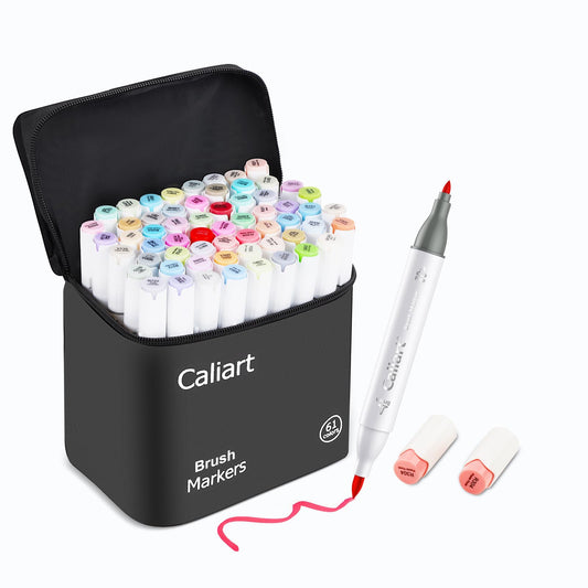 Caliart Alcohol Markers Brush Tip, 61 Colors Pastel Coloring Marker Set Dual Tip Fine & Brush, with Case Permanent Alcohol Based Colored Art Pens for Adult Coloring Books Artists Drawing Gifts