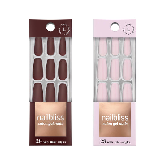 Dashing Diva Nailbliss Gel Manicure Bundle - Rosé & Rouge Collection - Salon Quality, Easy to Apply and Chip Resistant - Contains 2 Sets of 28 Long Length, Coffin Shaped, Glue On Gel Nails