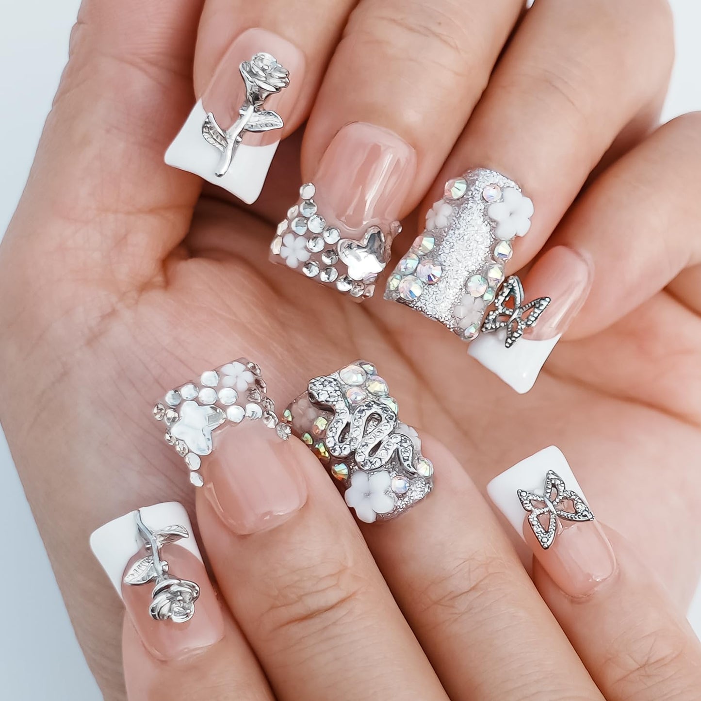Tesytto Handmade Press on Nails Short Duck White French Tip Thick Acrylic Fake Nails 3D Floral Metallic Rose Butterflies Luxury Rhinestone Design (Silver Ash Butterfly Sheen,L)