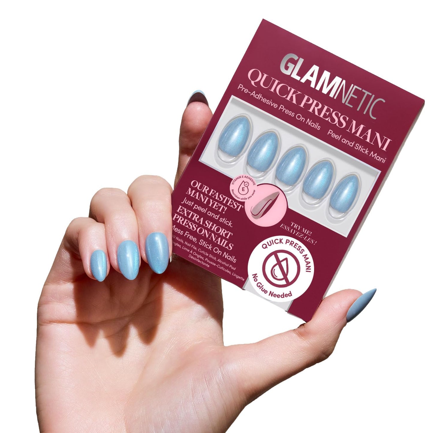 Glamnetic Quick Press Mani Bundle - No Glue Press On Nails, Just Peel and Stick | Lime Beam & Ocean Prism | Mess Free Salon Quality Stick On Nails | Almond Extra Short Nails