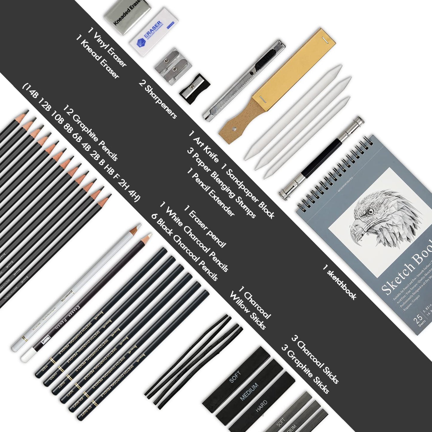 Brusarth 42 Pack Drawing Set Sketching Kit, Pro Art Sketch Supplies with Sketchbook, Include Graphite Pencil, Charcoal Pencil, Sharpener, Eraser Art Supplies for Artists Adults Teens Beginner