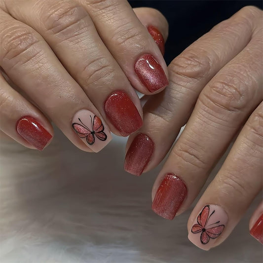 24Pcs Red Press on Nails Short Square Fake Nails Cat's Eye False Nails with Glitter Butterfly Designs Acrylic Nails for Women Manicure
