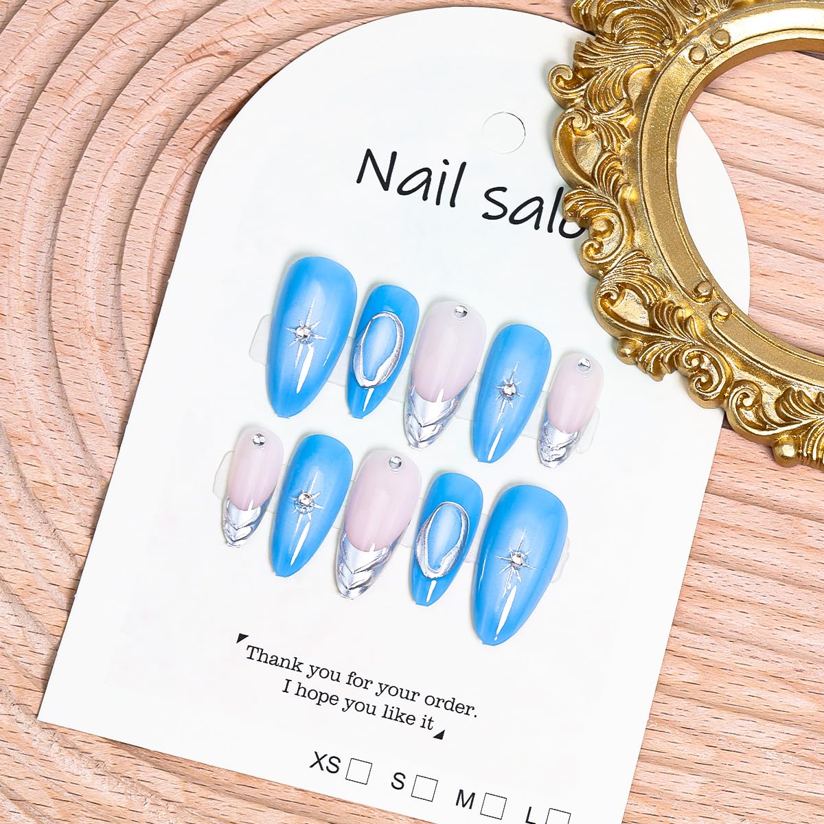 24Pcs Silver French Tip Press on Nails Medium Almond Fake Nails 3D Metallic Design Chrome Glue on Nails Y2k Star Acrylic Nails Gradient Blue Full Cover False Nails for Women Almond Artificial Nails