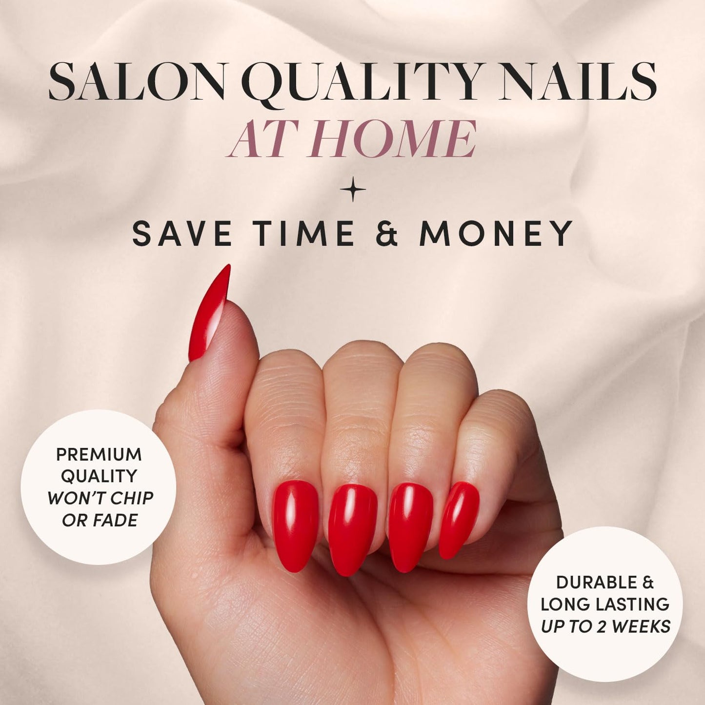 Glamnetic Press-On Nails Bundle - Love Me Not, Fiery Red & Fairy Dust |Almond Fake Nails with Black Heart Accents | Bright Red Almond False Nails | Short Oval Beige-Pink Nails with a Meta