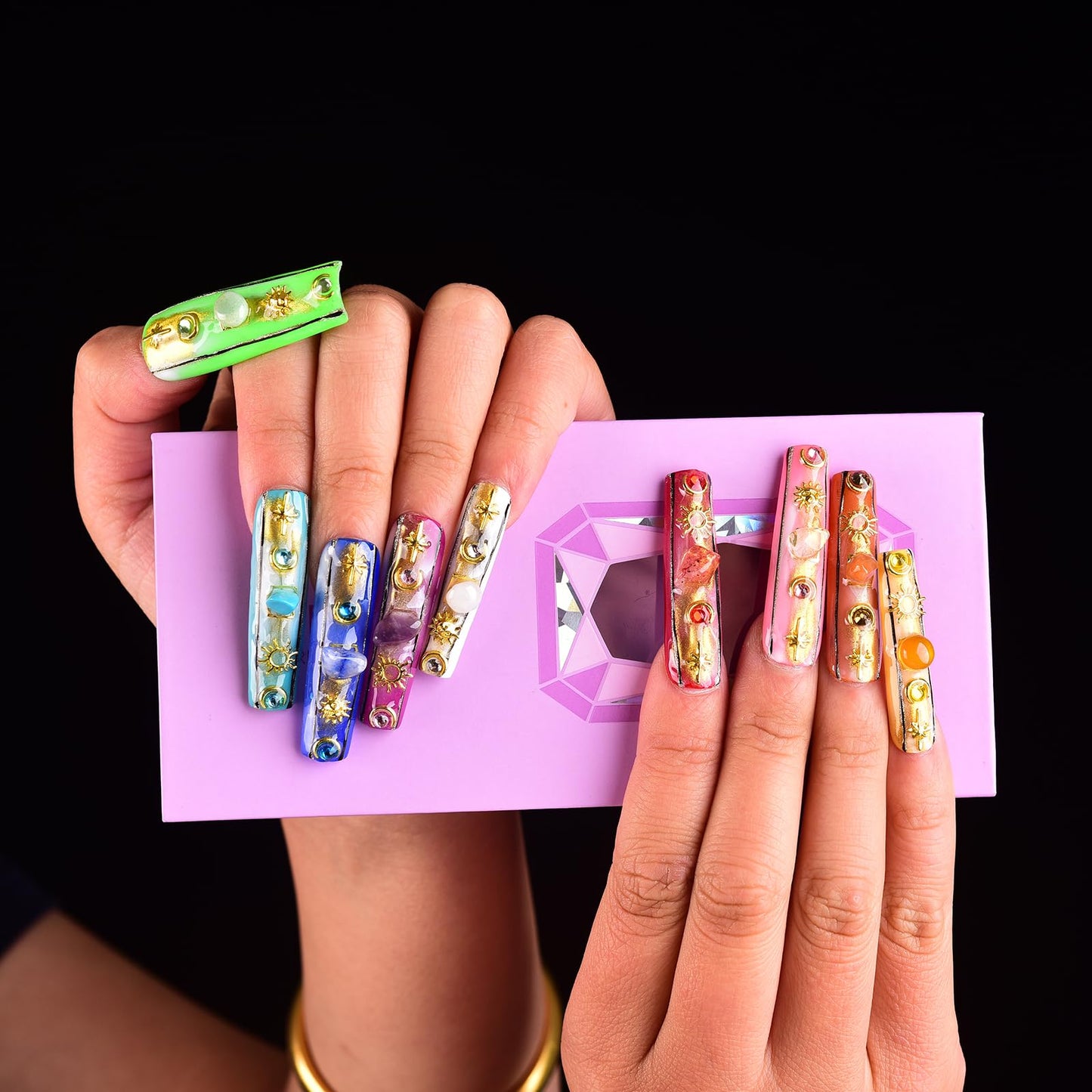 Tmani 10pc/set Long Handmade Press On Nail Hot Girl's Long Nails Ten Kinds of Natural Crystal Stone Decoration Fake Nails Suitable For Girls Festival Parties and Birthday Gift(444,L)