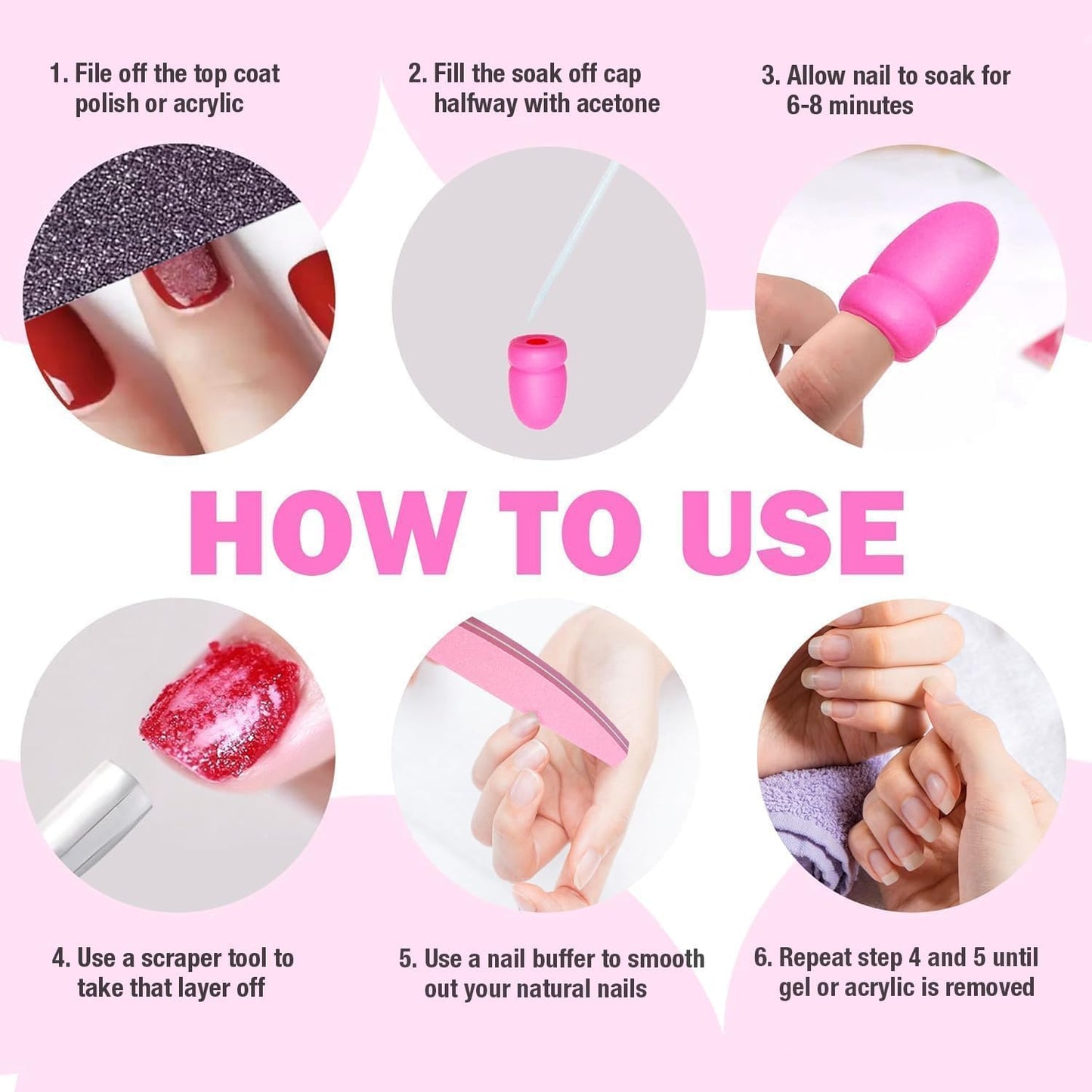 Gel Polish Remover Refill Kits for Nails, Holiday Gifts for Women Girls Nail Polish Remover Set with 10PCS Soak Off Caps & Nail Buffer Block - Quickly Removes Poly Gel & Acrylic Nails (Pink Short)