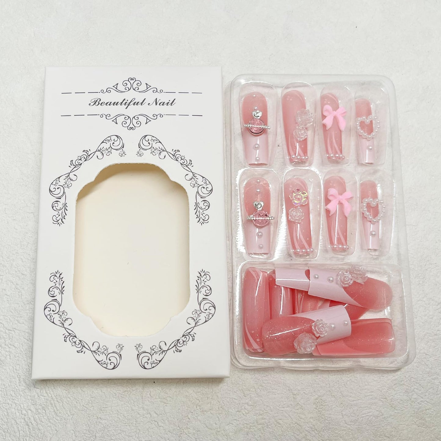 24pcs Long Square Press on Nails French Tip Fake Nails 3D Bow Heart Pearls Planet Charms Rhinestones Designs Acrylic Nails Glossy Pink Full Cover Glue on Nails for Women Girls Manicure Decoration