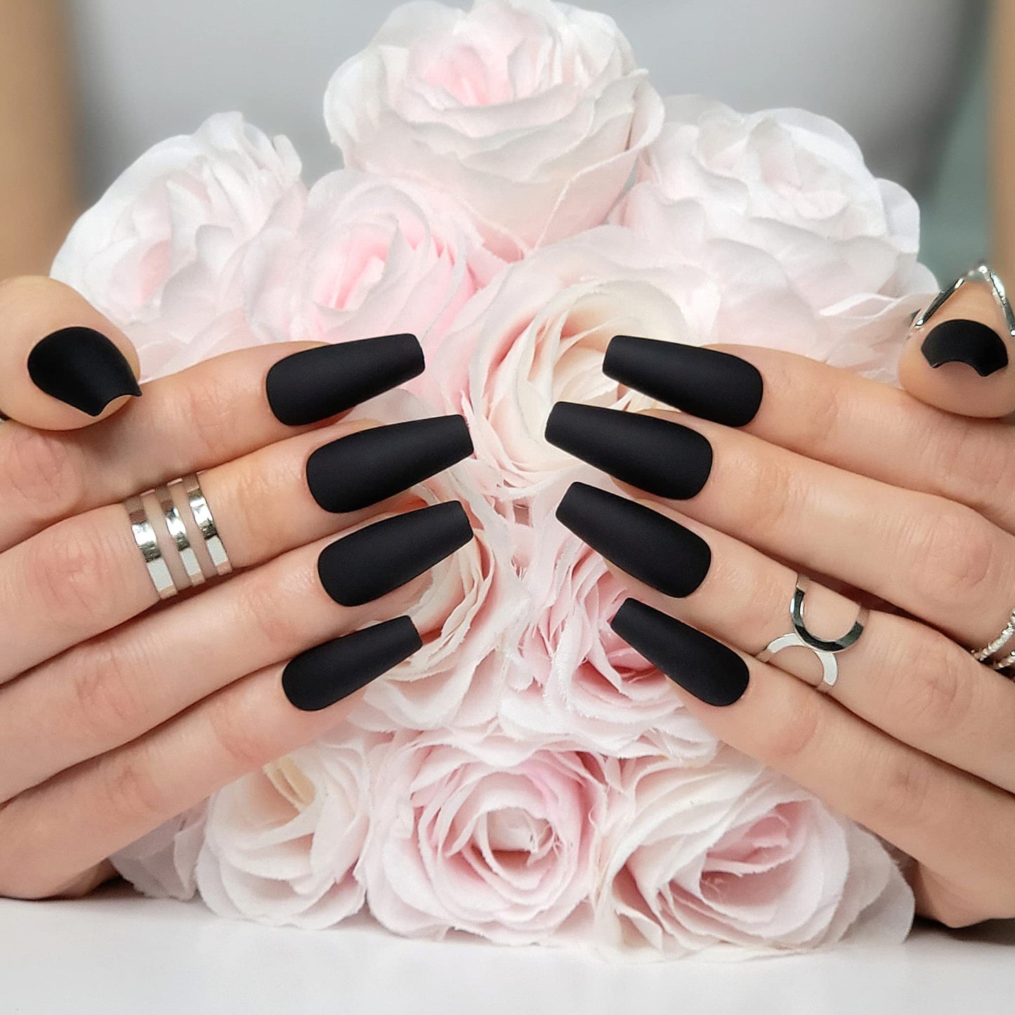 Hypnaughty Press On Nails - Party Star Chrome & Noir Matte Coffin, Trendy & Salon Quality Reusable Nails With Kit