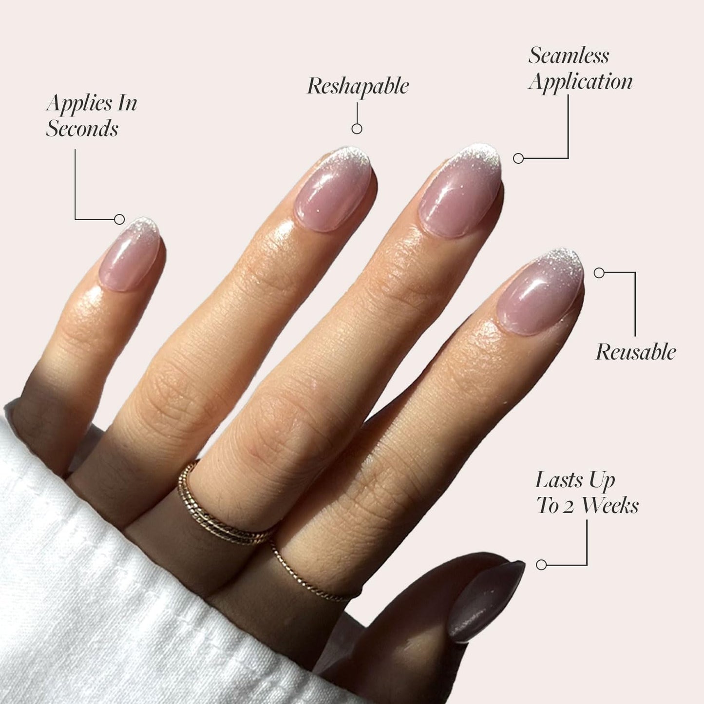 Glamnetic Press-On Nails Bundle - Unicorn Tears, Fairy Dust & Boba | Oval, Misty-Grey Nails with a Metallic Finish | Oval Beige-Pink False Nails with a Metallic Finish | Opaque Black Short