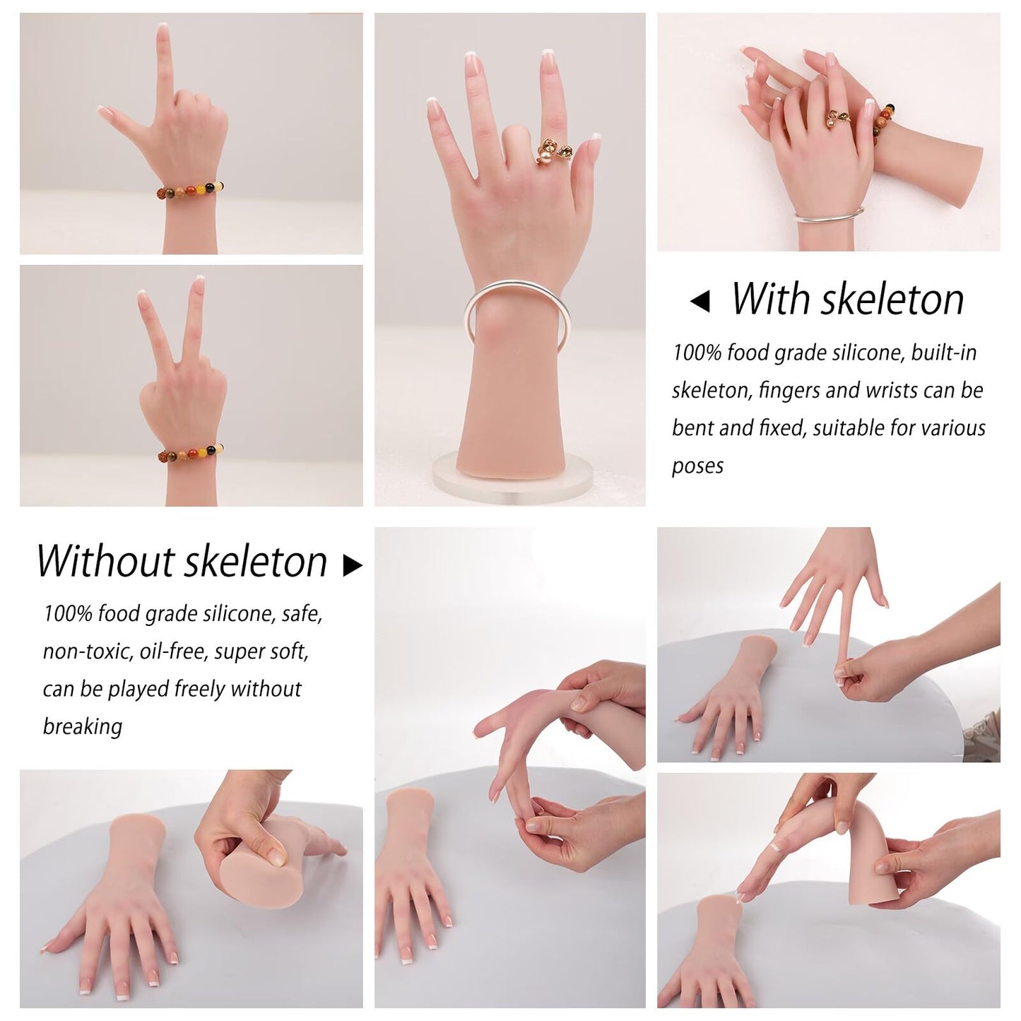 MOTLEYBEAN Realistic Silicone Female Hand Life Size Female Model Hand for Showing Jewelry Pranksters Halloween Props Photography Props（Brown,Left Hand-Without Skeleton）