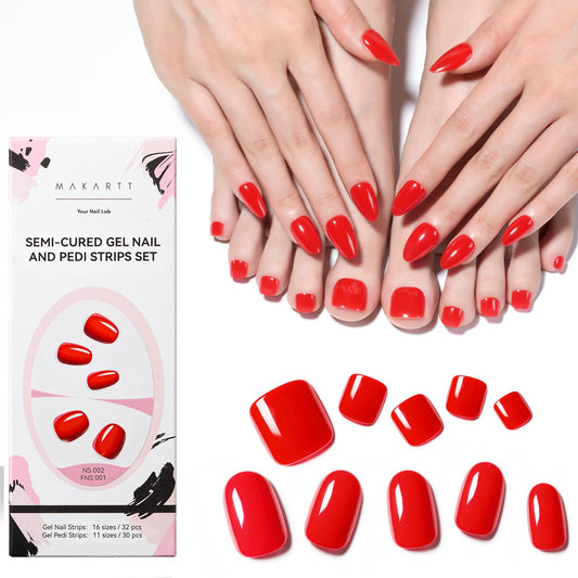Makartt Semi Cured Gel Nail Strips Kit – 2 Hand Sets + 1 Toe Set, Real Gel, Hema & TPO Free, 16 Sizes Anti-Lift Fit, UV Required, Long Wear, Dual-Ended Tool & Prep Kit (Classic Red)