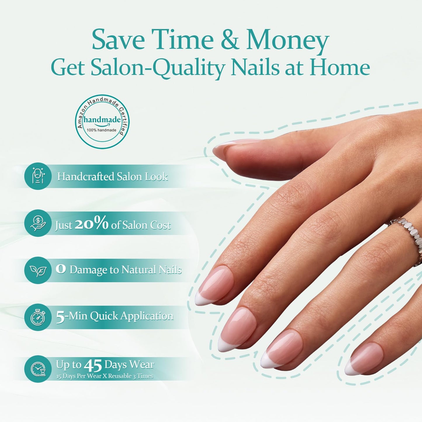 French Tip Press On Nails Short Almond,MOKAYIMO White French Nail Press Ons,10Pcs Handmade Custom-Sized Acrylic False Nails Kit,Natural Look,Salon Quality,Long Lasting,Size XL for Wide Nails