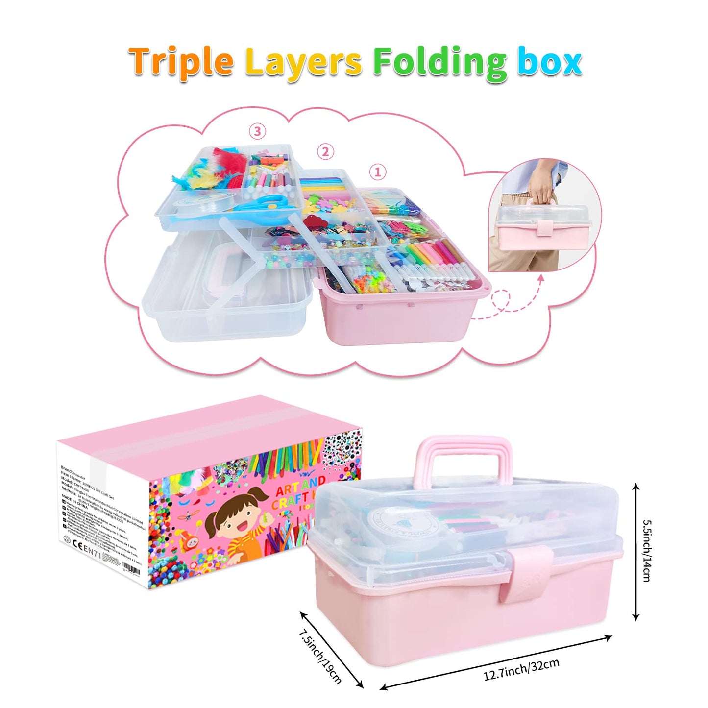 Itopstar 3000 Kids Arts and Crafts Supplies for Kids Crafting Supply in 3 Layered Plastic Art Box All in One Ages 8 9 10 11 & 12 Year Old Girls & Boys Crafting Supply Set