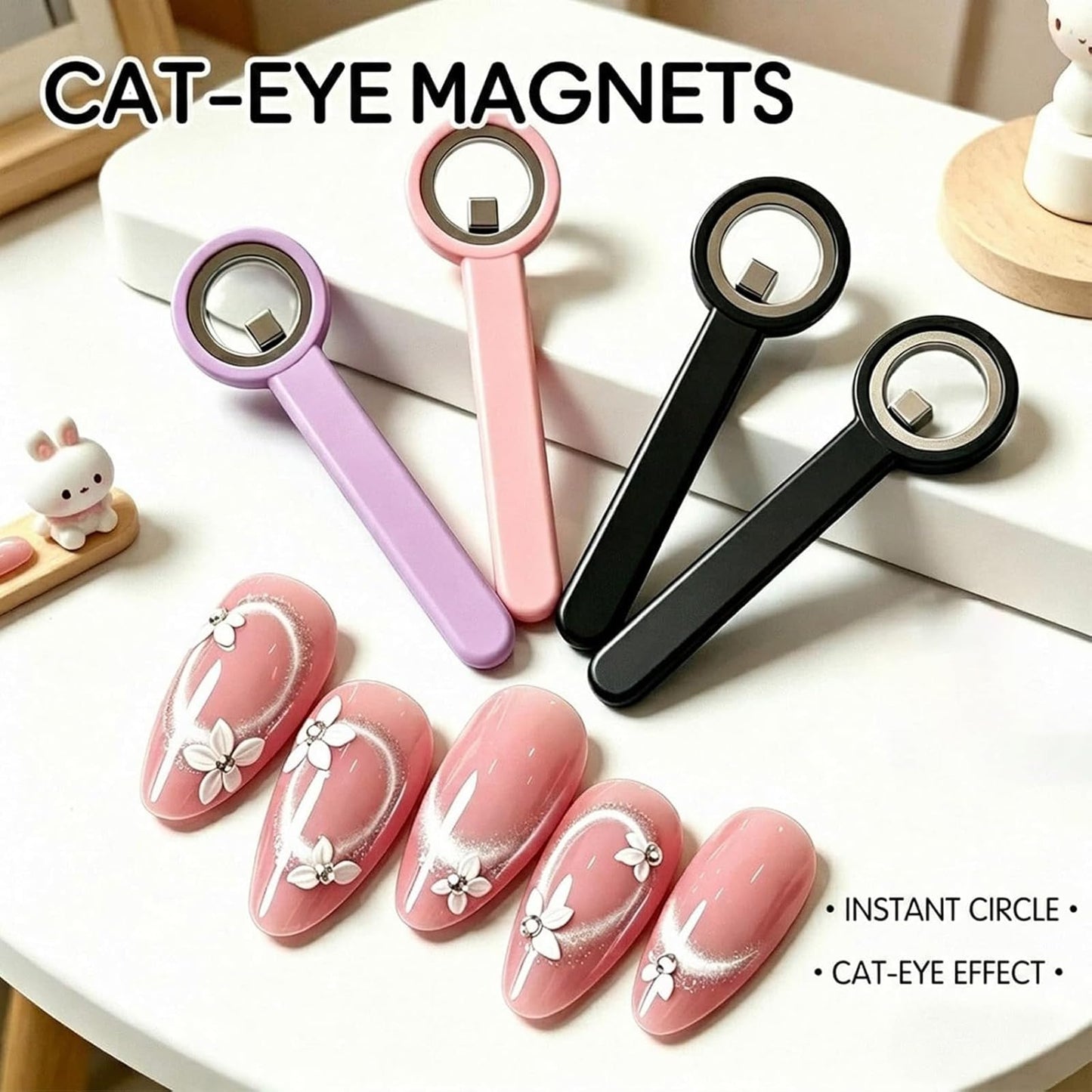 Ring-Shaped Cat Eye Magnet for Nails, Hollow Magnetic Design Circle Cat Eye Magnet for 3D Halo French Tip Nail Art, Home Salon DIY Manicure Tool (3Pcs-Pink+Purple+Black)