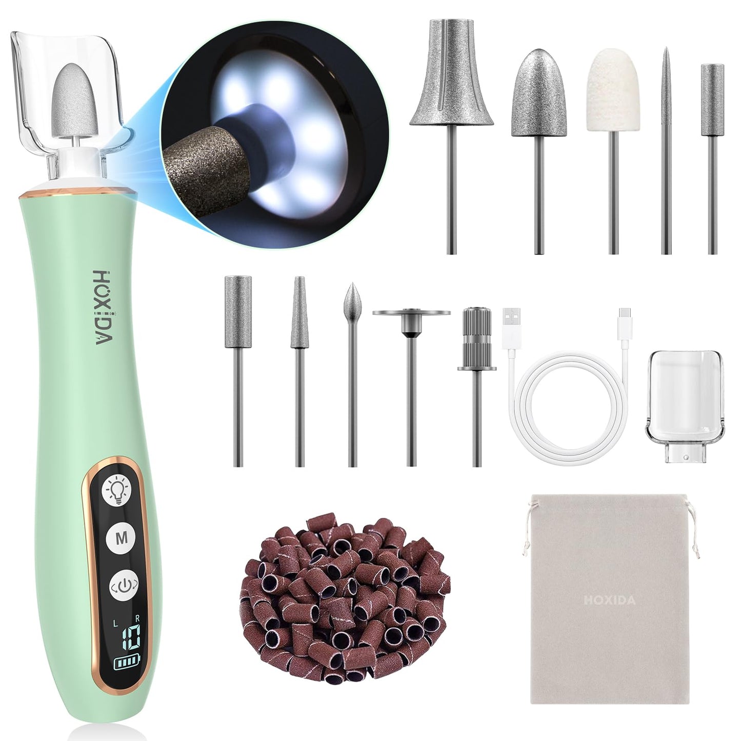 Cordless Electric Nail Drill with 360° LED light&10 Speeds, Professional Manicure Pedicure Kit, Rechargeable Pedicure Tools for feet, Hand Foot Care Nail Drill for Thick Nail Toenail Cuticle Women Men