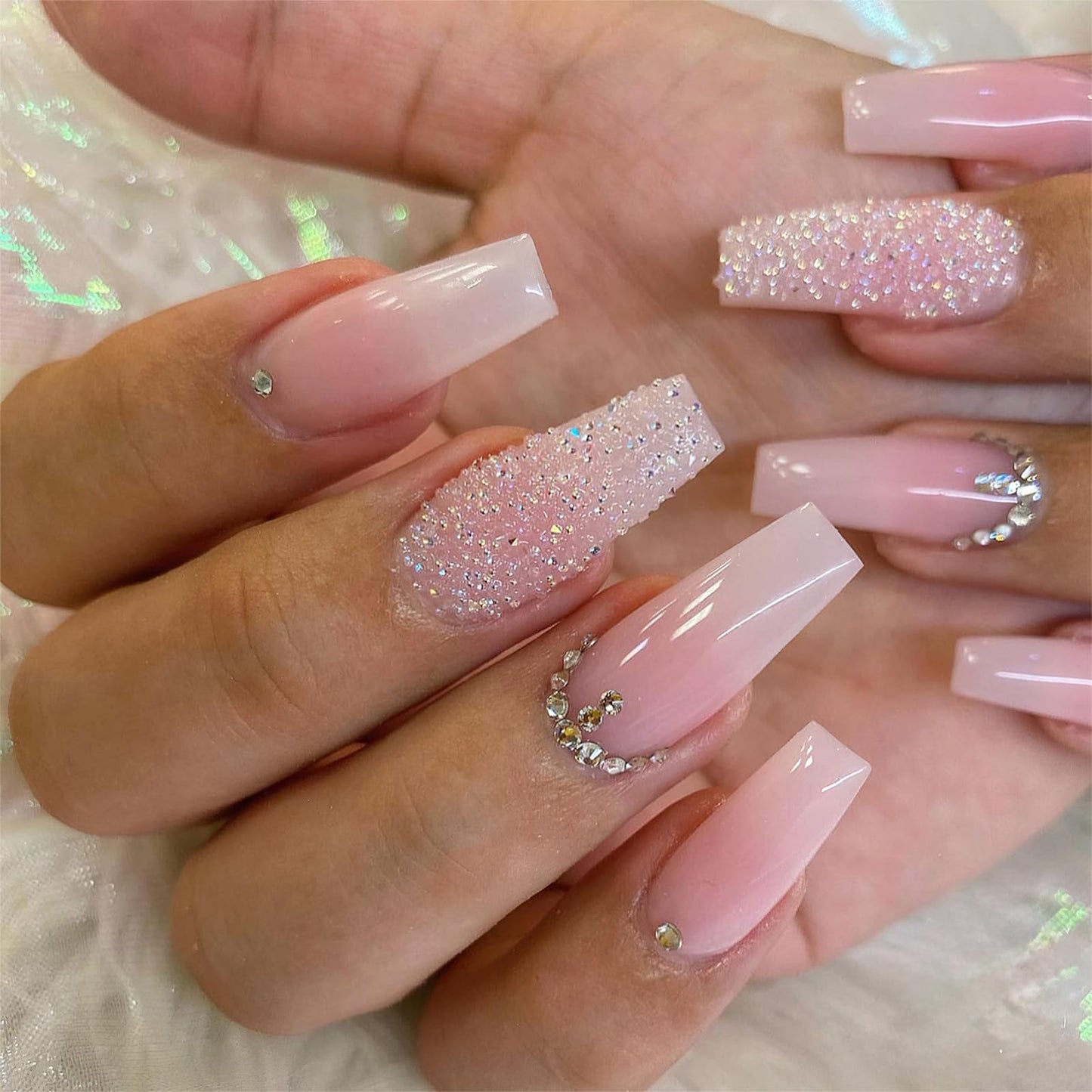 Jremg Pink Press On Nails - Long Square Coffin Fake Nails, Pink White Ombre, Full Cover Acrylic, Glossy Gradient False Nails with Design Rhinestone, Stick On Nails for Women Girls Manicure, 24Pcs