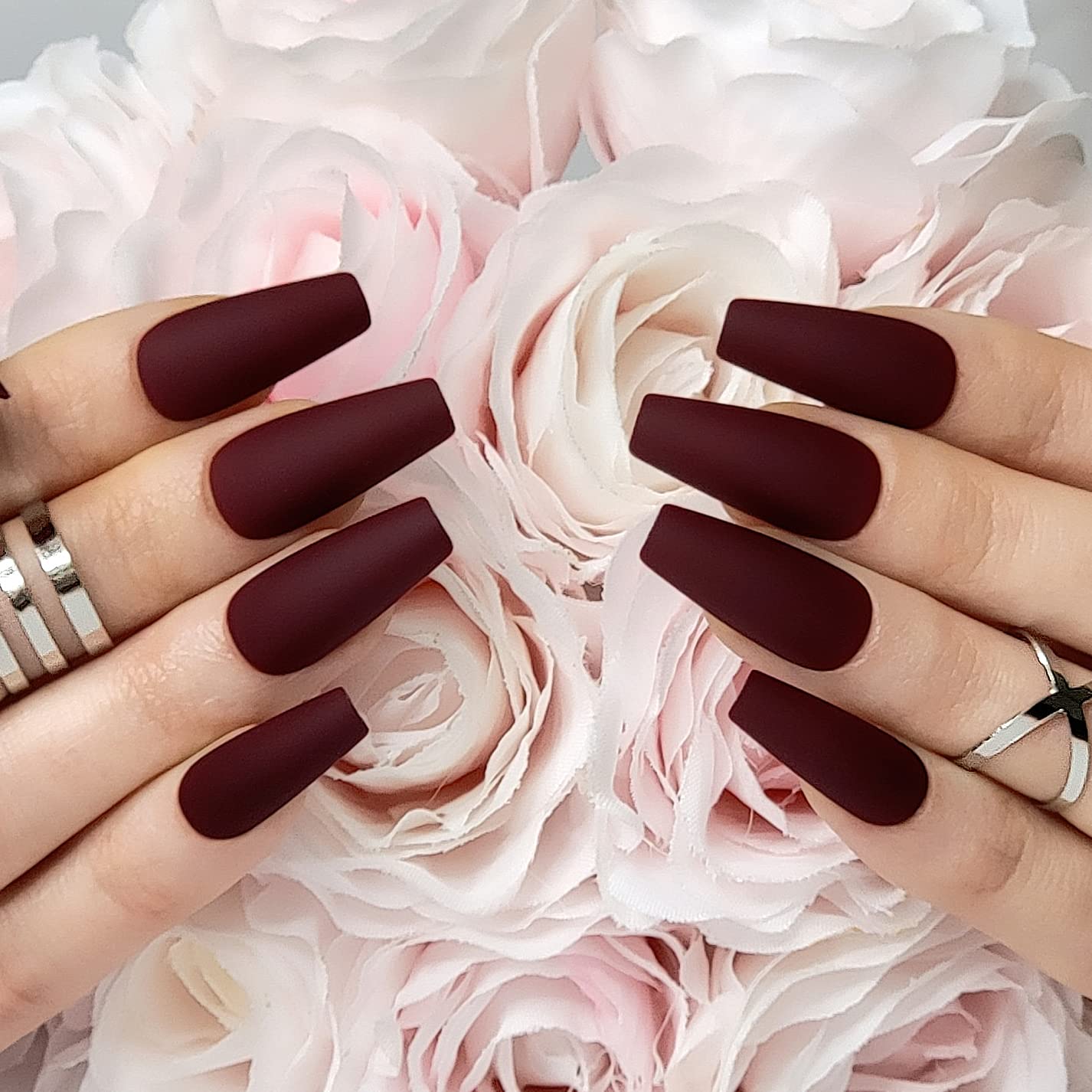 Hypnaughty Press On Nails - Rhinestone Noir & Maroon Xtreme, Trendy & Salon Quality Reusable Nails With Kit