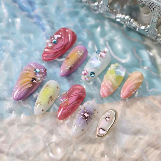 100% 5D Handmade Press on Nails with Charms Medium Almond Nails Press ons- Rhinestones Waterdrop Shell False Nails Glitter Star Press on Nails Ombre Summer Fake Nails for Women DIY Manicure Size M