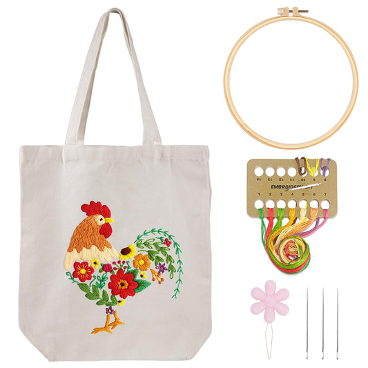 Louise Maelys Embroidery Kit Canvas Tote Bag for Beginners,Cross Stitch Kits for Adults,DIY Needlepoint Include Rooster and Flower Pattern,Women Shopping Reusable Grocery Bags