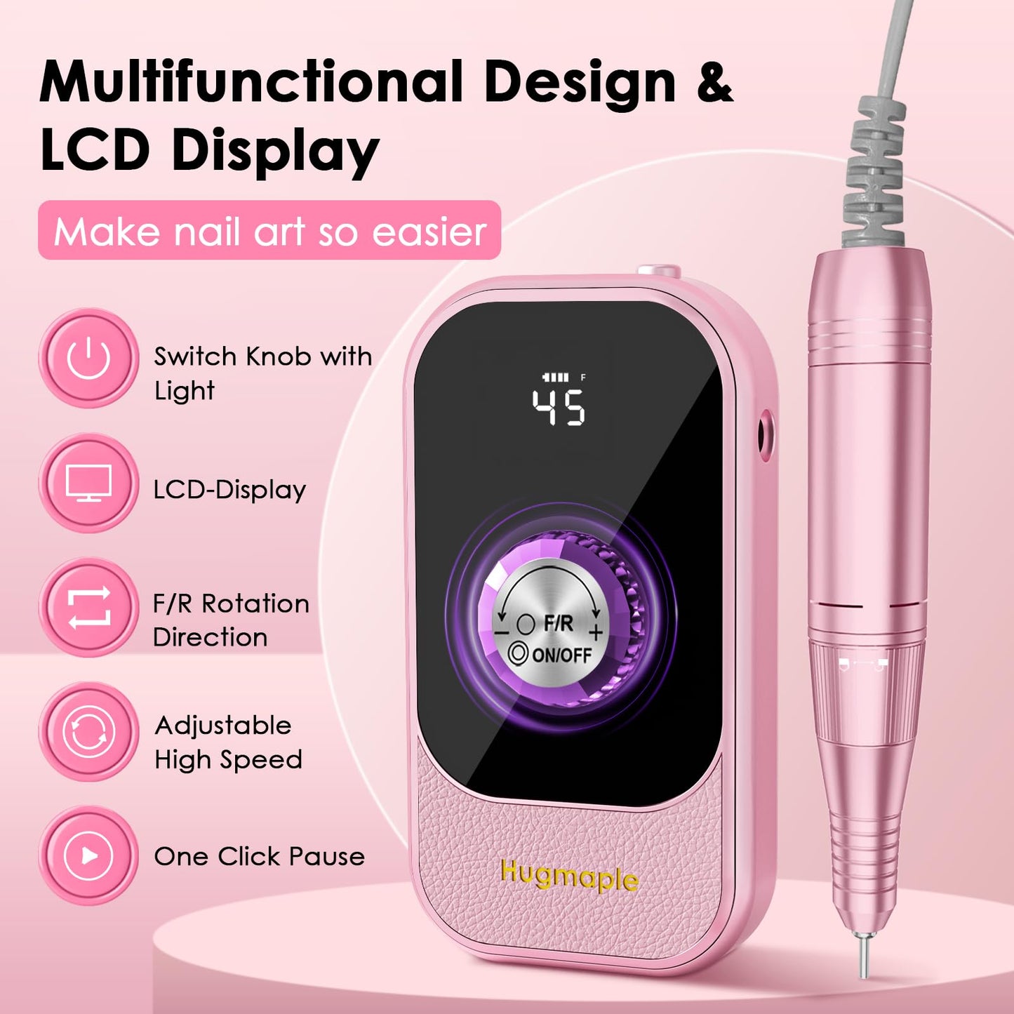Professional Electric Nail Drill File, HUGMAPLE 45000RPM Portable E-File Machine with Bits & Base, Rechargeable Cordless Nail Drill Kit for Shaping, Removing & Polishing Gel Nails for Salon Home