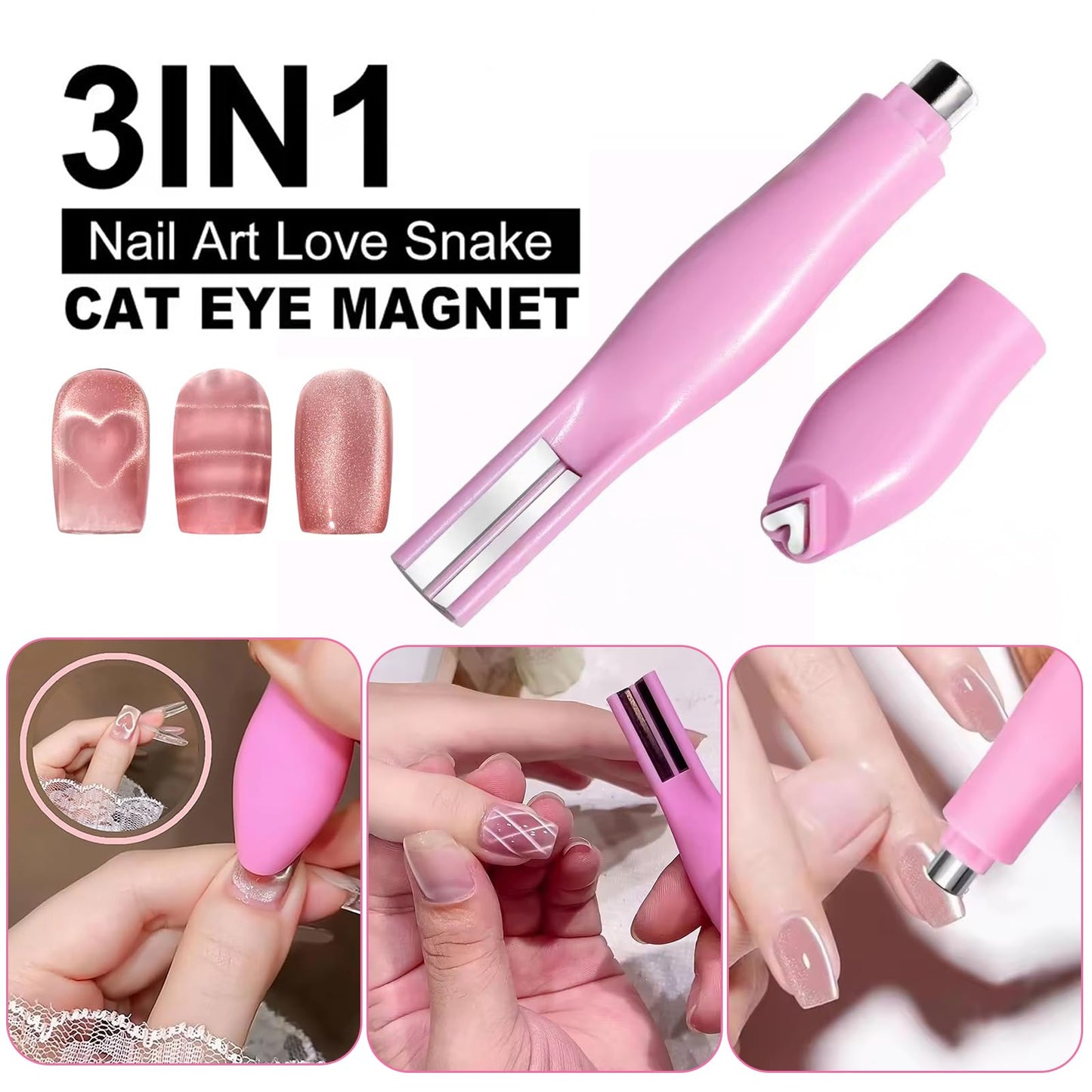YECIRALA 4 Pcs Pink Nail Art Cat Eye Magnets For Nails, 3 In 1 Heart Nail Magnet Pen And 3 Unique Versatile Cateye Magnet Tool For Nail Art, Heart, Lines & Flower Effect Gel Nail Polish Magnet