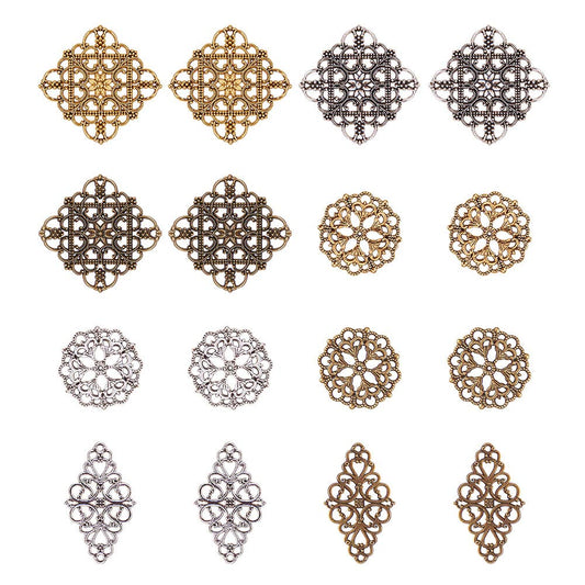 PH PandaHall 40pcs Filigree Connectors, 3 Color Rhombus Flower Charms Hollow Pendants Tibetan Metal Filigree Embellishments for DIY Hairpin Headwear Earring Necklace Jewelry Making