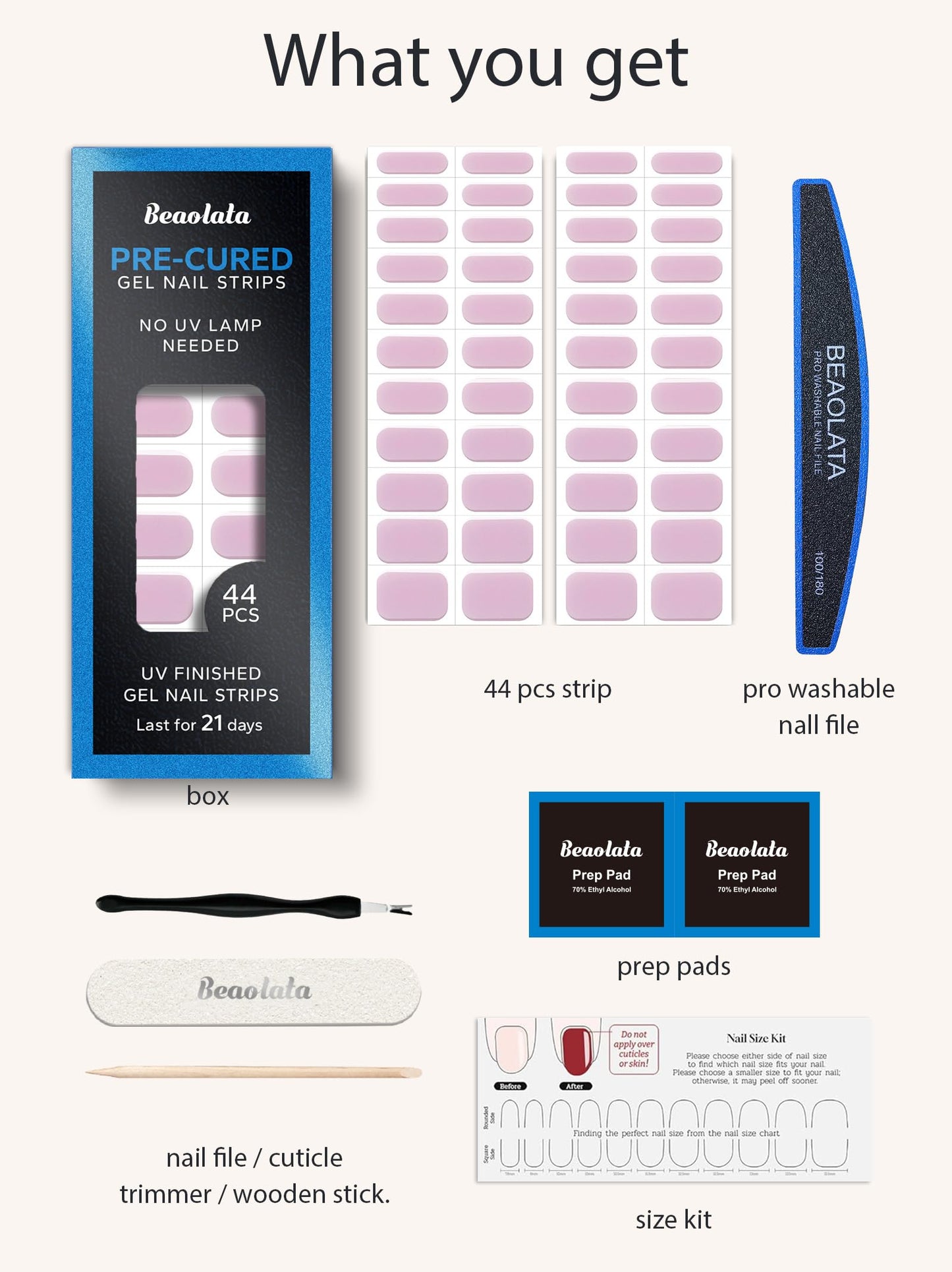 Beaolata Real Gel Nail Strips (No UV Light Needed) - 44Pcs Salon Quality Nail Stickers - Long Lasting Polish Wraps for Women, Easy Apply & Remove (Jelly Pink)