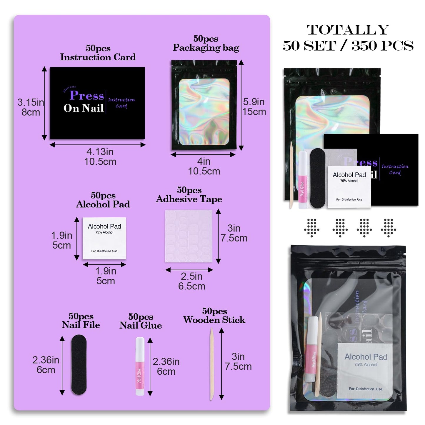 Disposable Nail Supplies Kits,Professional Manicure Press On Nail Tool Kit With Nail File,Adhesive Tabs,Nail Glue,Sticks, Prep Pads,Bags,Cards for Nail Business (Black-350pcs50set)