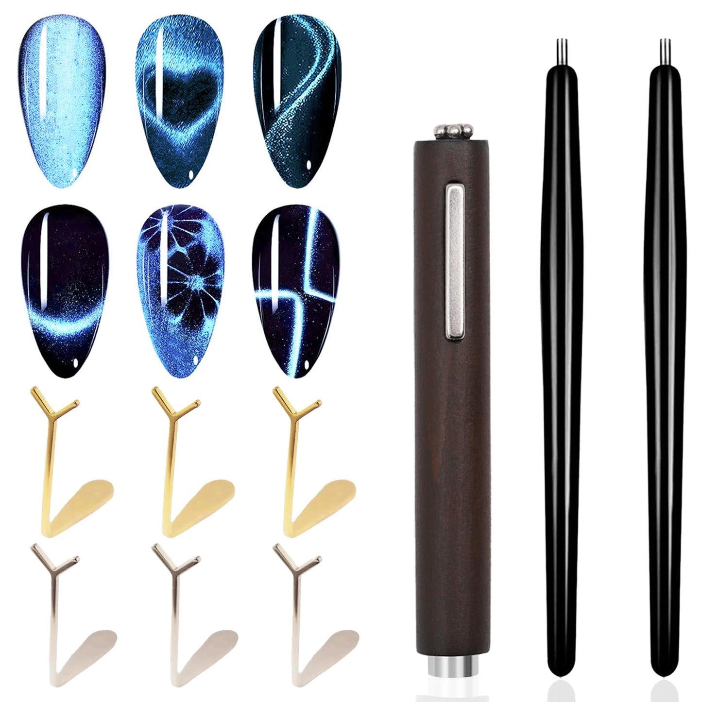 SILPECWEE 9pcs Cat Eye Nail Magnet, 3 In 1 Strong Magnetic Cat Eye Gel Nail Polish Magnet, Y-Shaped Guide Stick for Heart Effect, Nail Art Tools for Nail Art Salon DIY Home