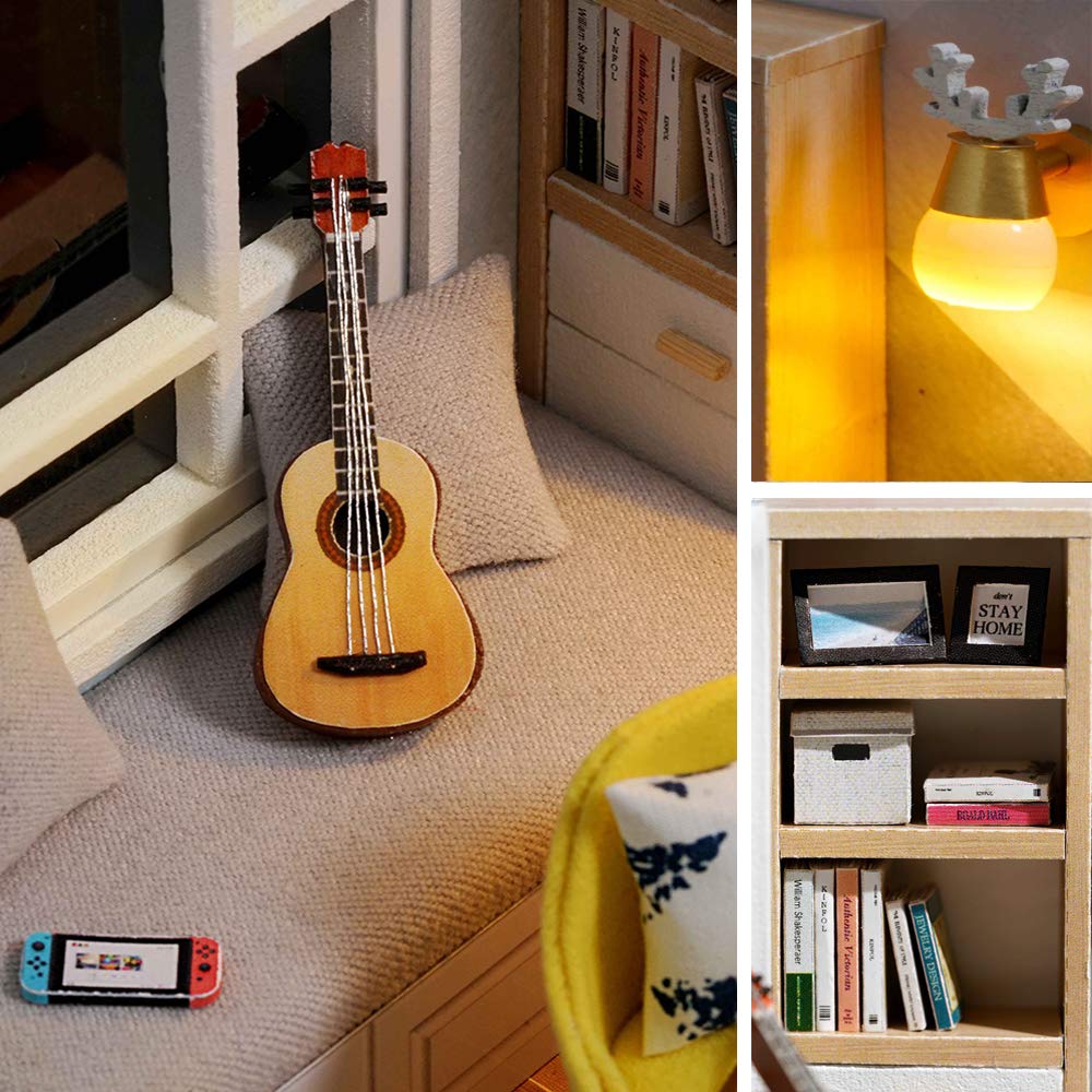 piberagi DIY Miniature Dollhouse Kit, 1:32 Scale Creative Room Mini Wooden Doll House with Furniture Plus Dust Proof for Kids Teens Adults(Study Room)