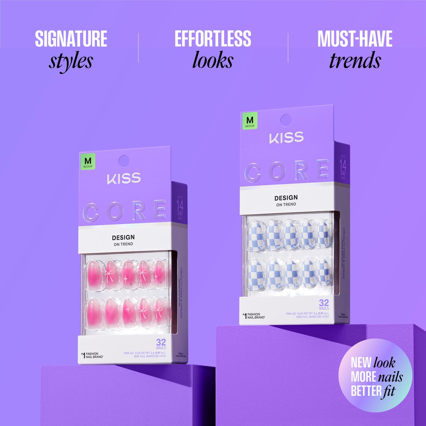 Kiss Core, Press On Nails, Nail glue included, 'Credit', Blue, Medium Size, Almond Shape, Includes 32 Nails, 2g Glue, 1 Manicure Stick, 1 Mini File