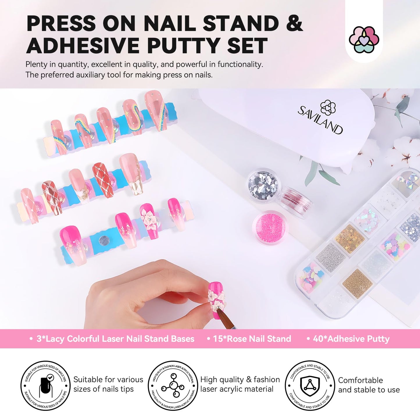 SAVILAND Nail Holder for Painting Nails: 15pcs Strong Magnetic nail stand for Press Ons with Nail Stand Press On Toenails Kit: 216 PCS Everlasting French Tip Press on Nails for 18 Sizes Ultra