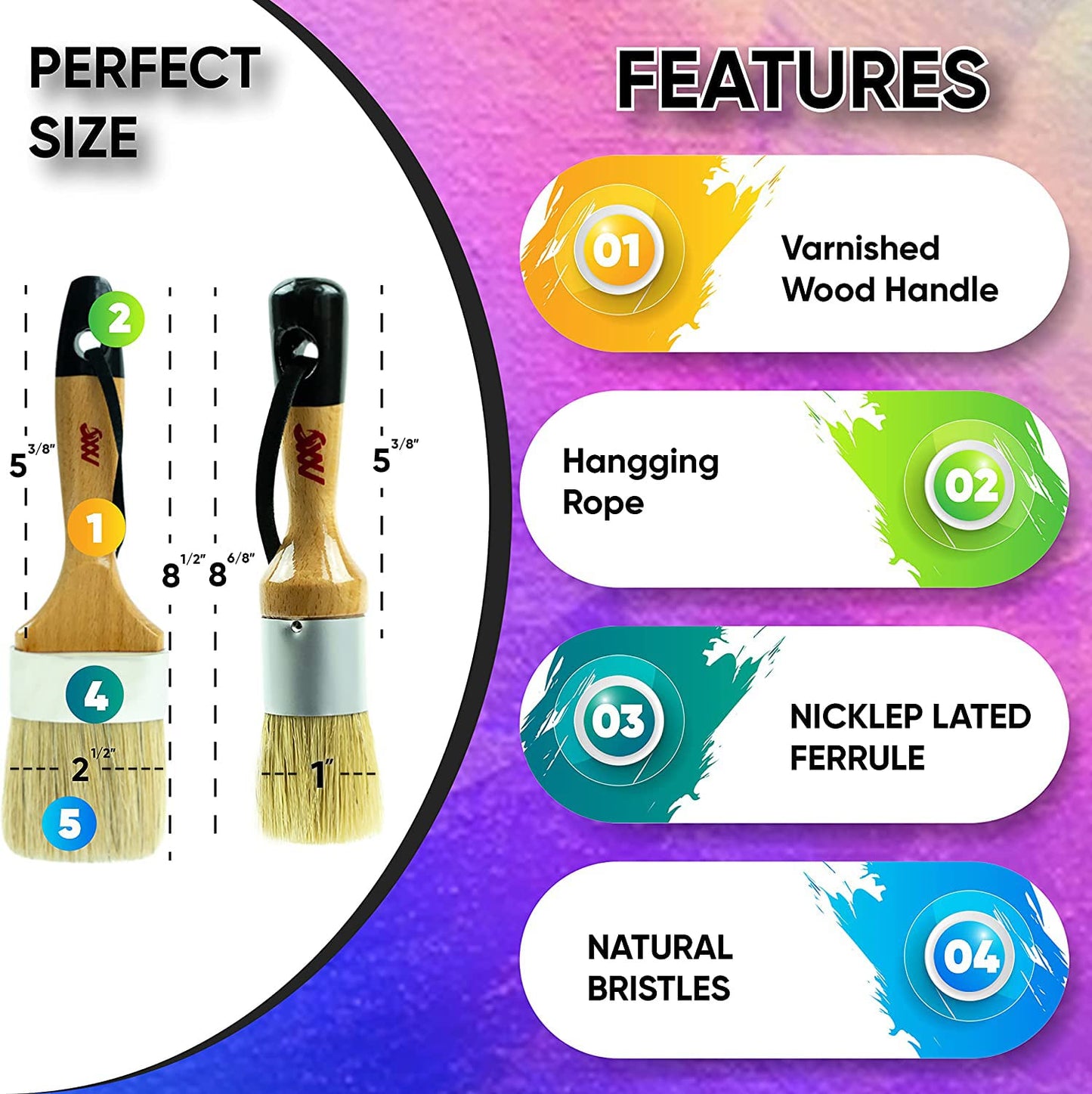 Chalk Paint Brushes Set, Pack of 2 Wax Brush - 2.5 Inches Large, Natural Bristles, Perfect for Furniture Painting, Stencils, Waxing - No Shedding, Superior Paint Pick-Up & Release