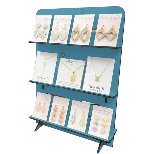 TORCHED DISPLAYS Jewelry Holder Necklace Organizer | Earring Display Stands for Selling | 3-Tiered Wooden Jewelry Holder Stand for Shops, Boutiques, Festivals | Display Rack Wood Stand | Blue
